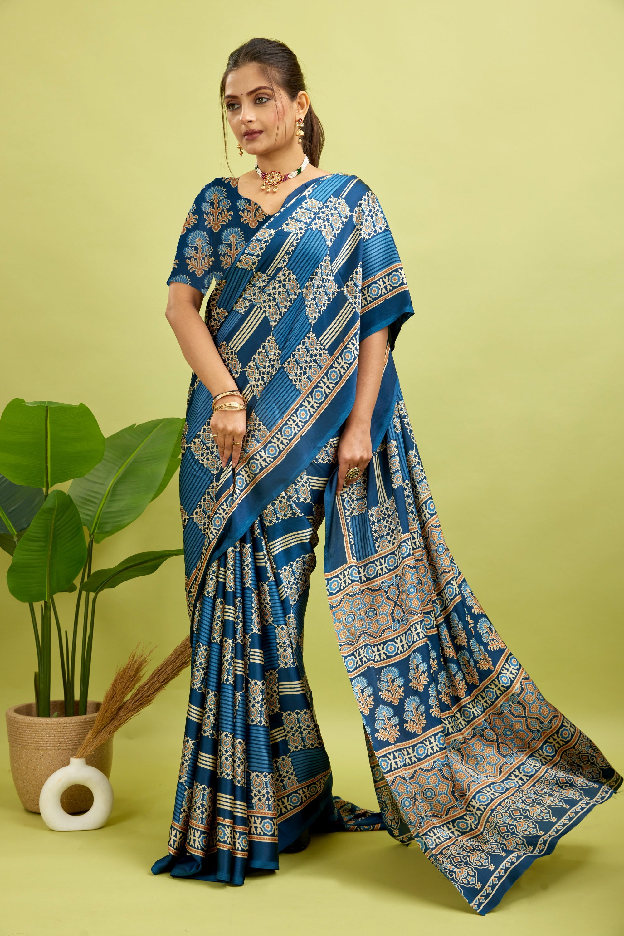 Royal Blue Ajrakh Semi Gaji Silk Saree