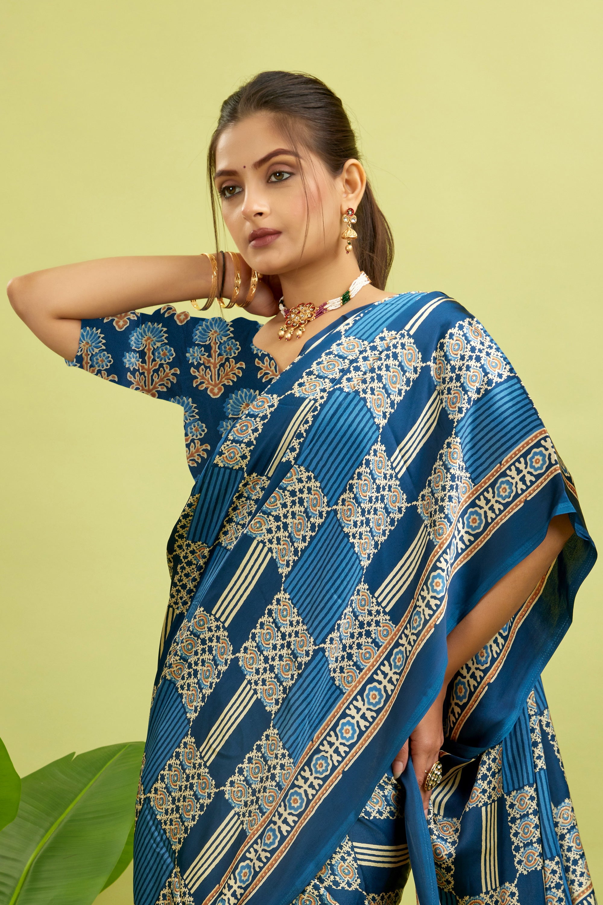 Royal Blue Ajrakh Semi Gaji Silk Saree