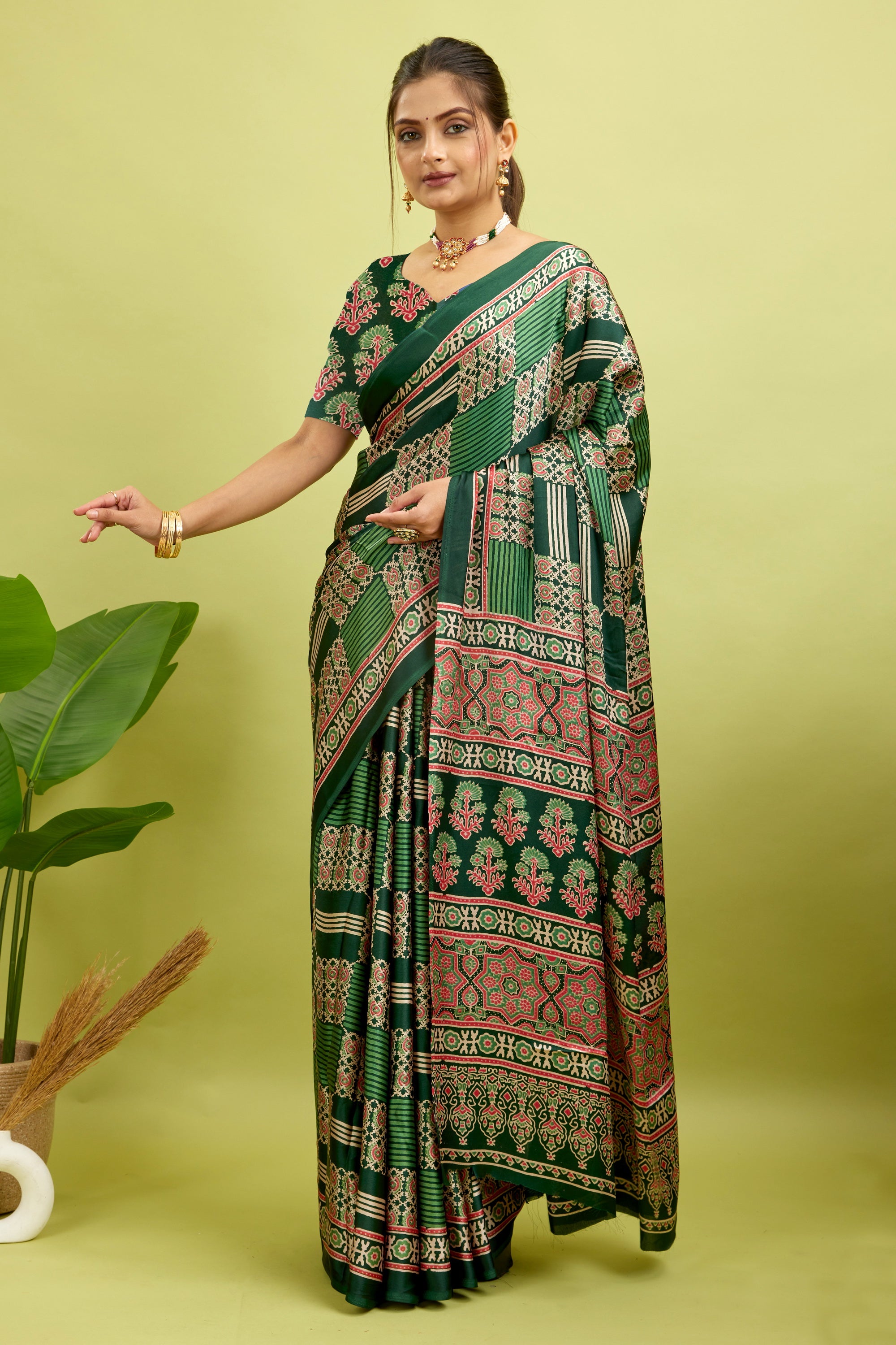 Green Ajrakh Semi Gaji Silk Saree