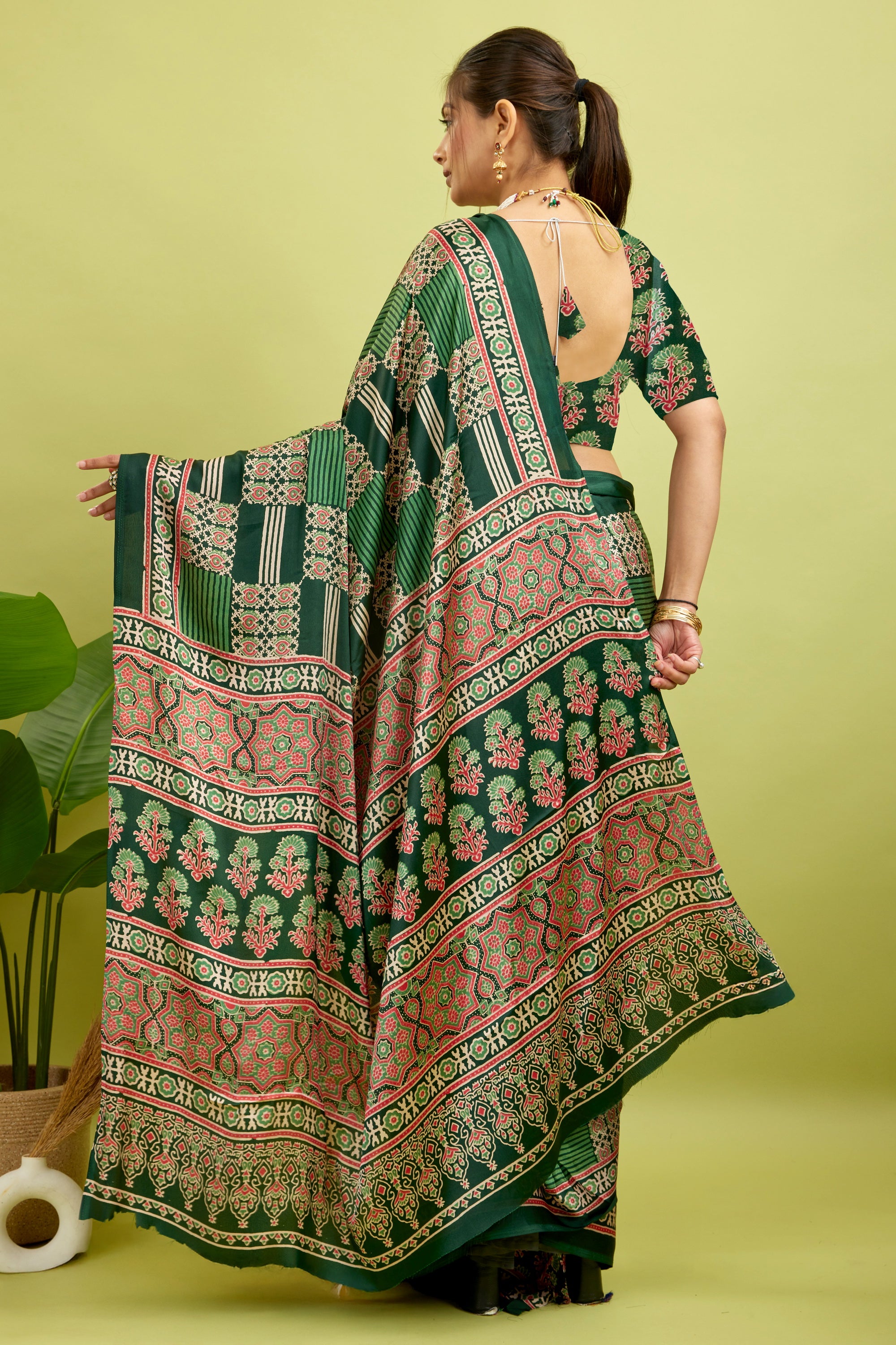 Green Ajrakh Semi Gaji Silk Saree