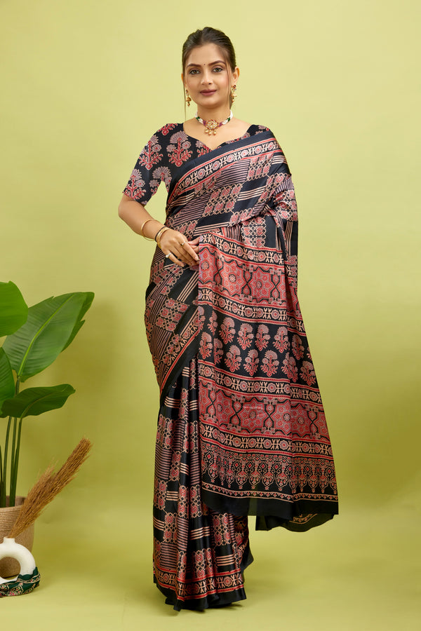 Black Ajrakh Semi Gaji Silk Saree