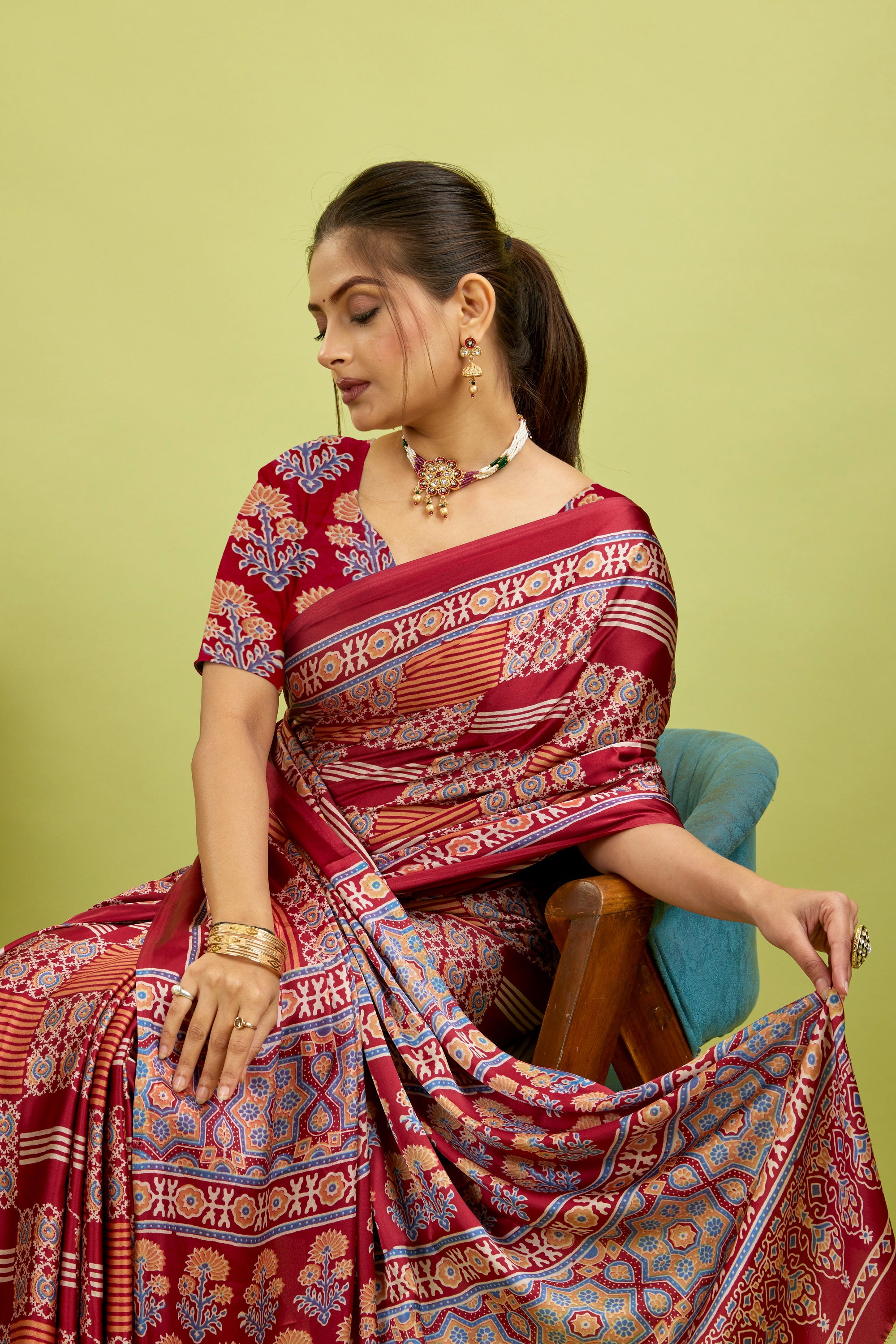 Red Ajrakh Semi Gaji Silk Saree