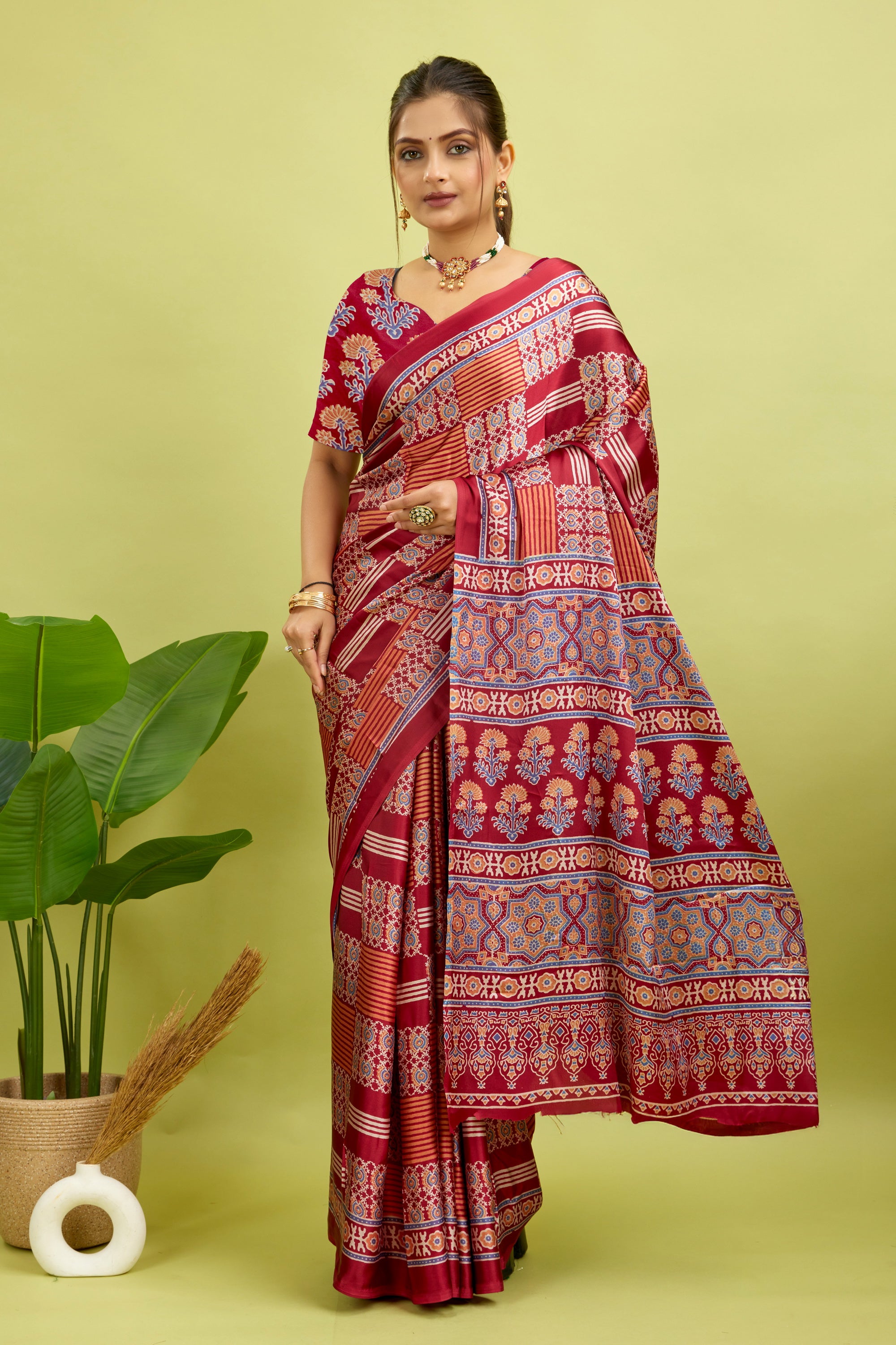 Red Ajrakh Semi Gaji Silk Saree