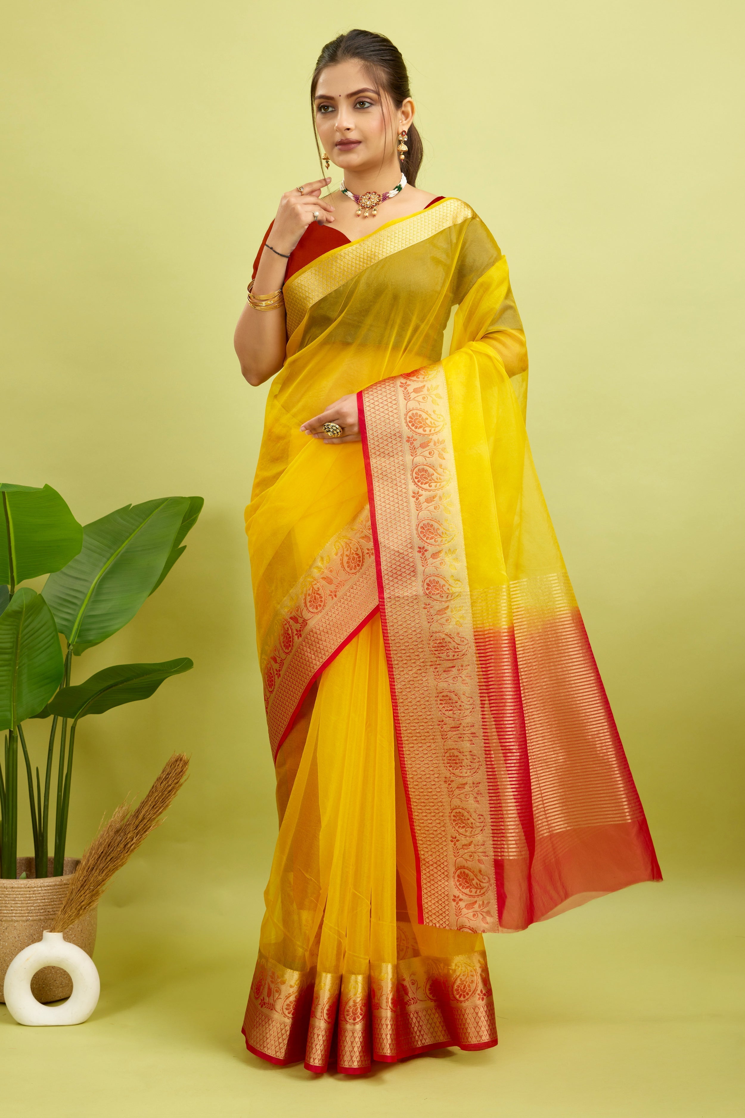 Yellow Woven Organza Soft Jacquard Saree
