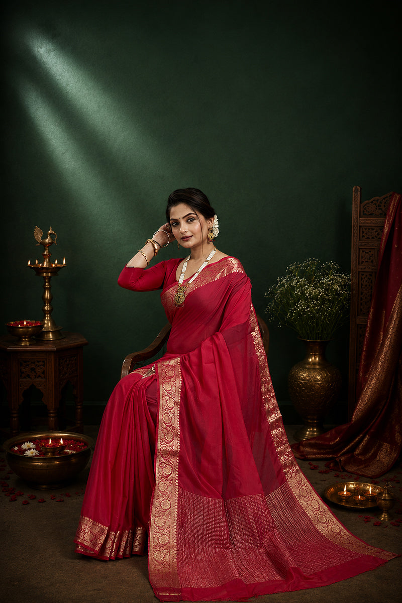 Red Woven Chinnon Silk Saree