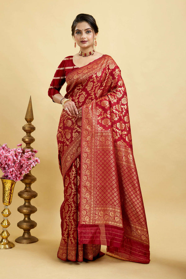 Maroon Kanjivaram Woven Silk Blend Saree