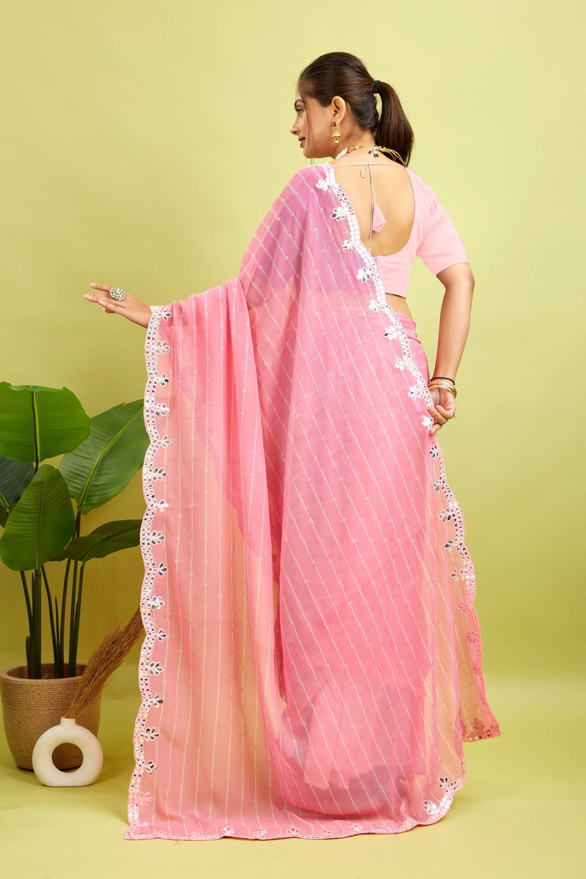 Pink Foil Work Border Georgette saree