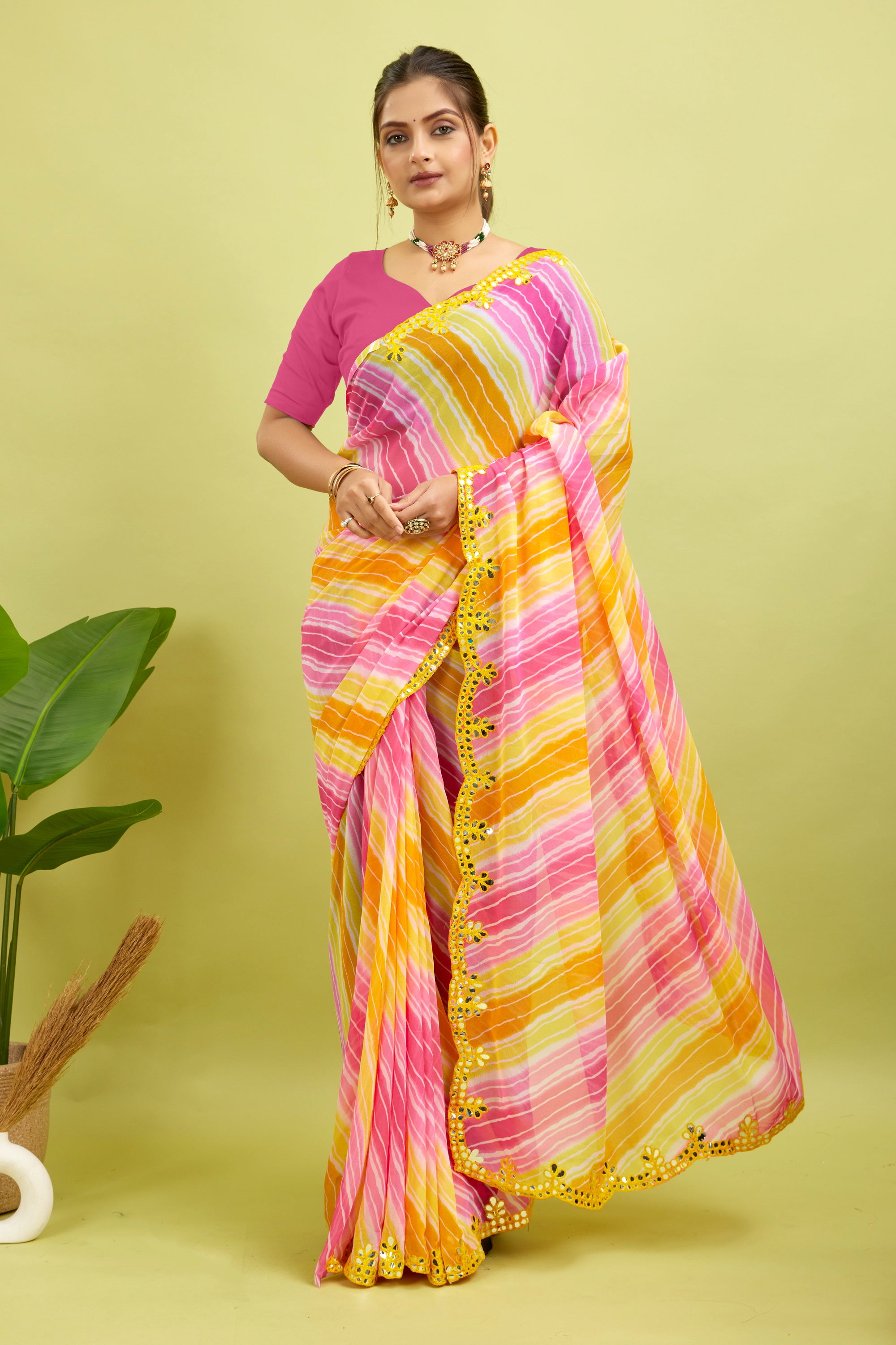 Yellow Foil Work Border Georgette saree