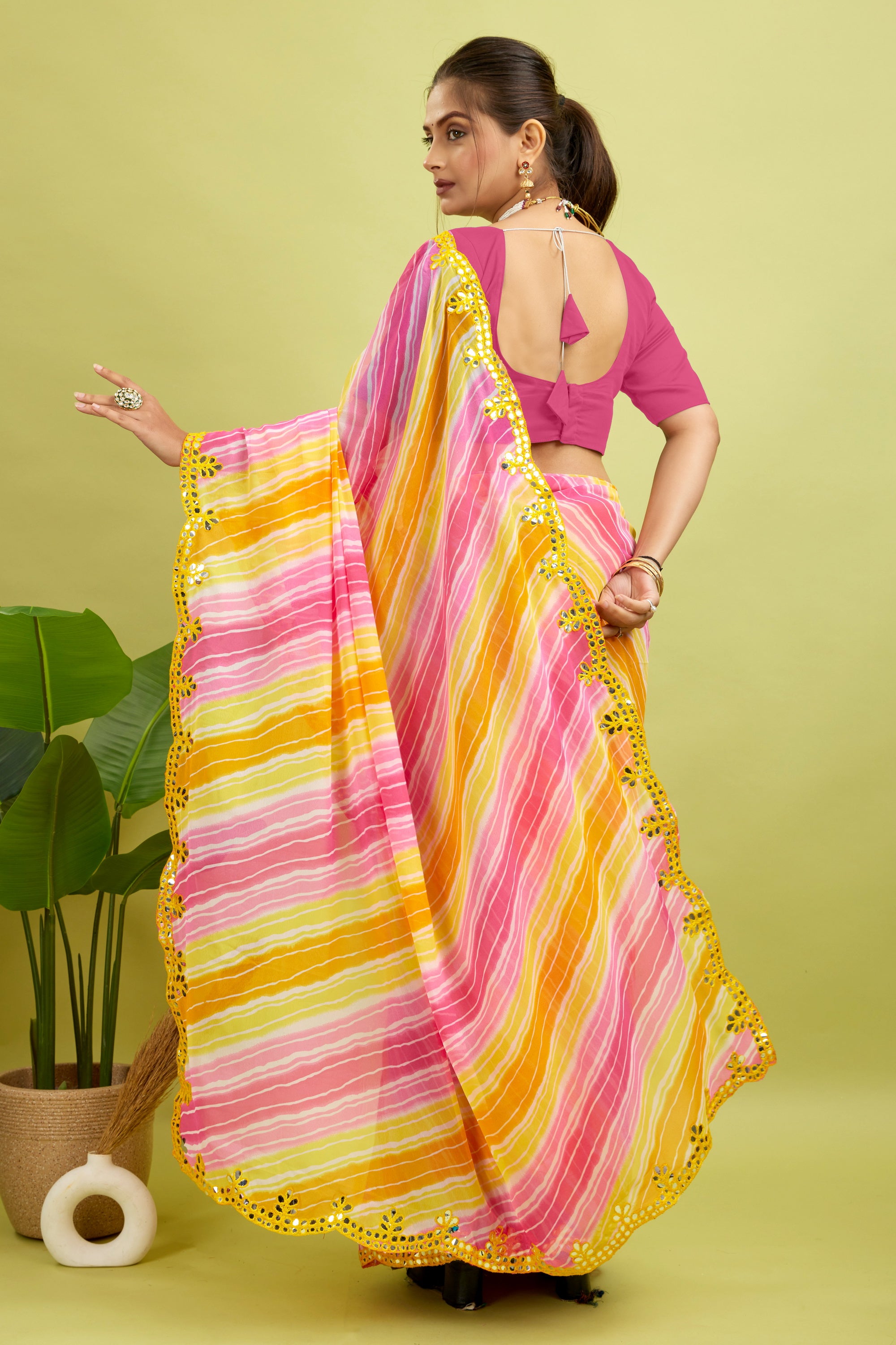 Yellow Foil Work Border Georgette saree