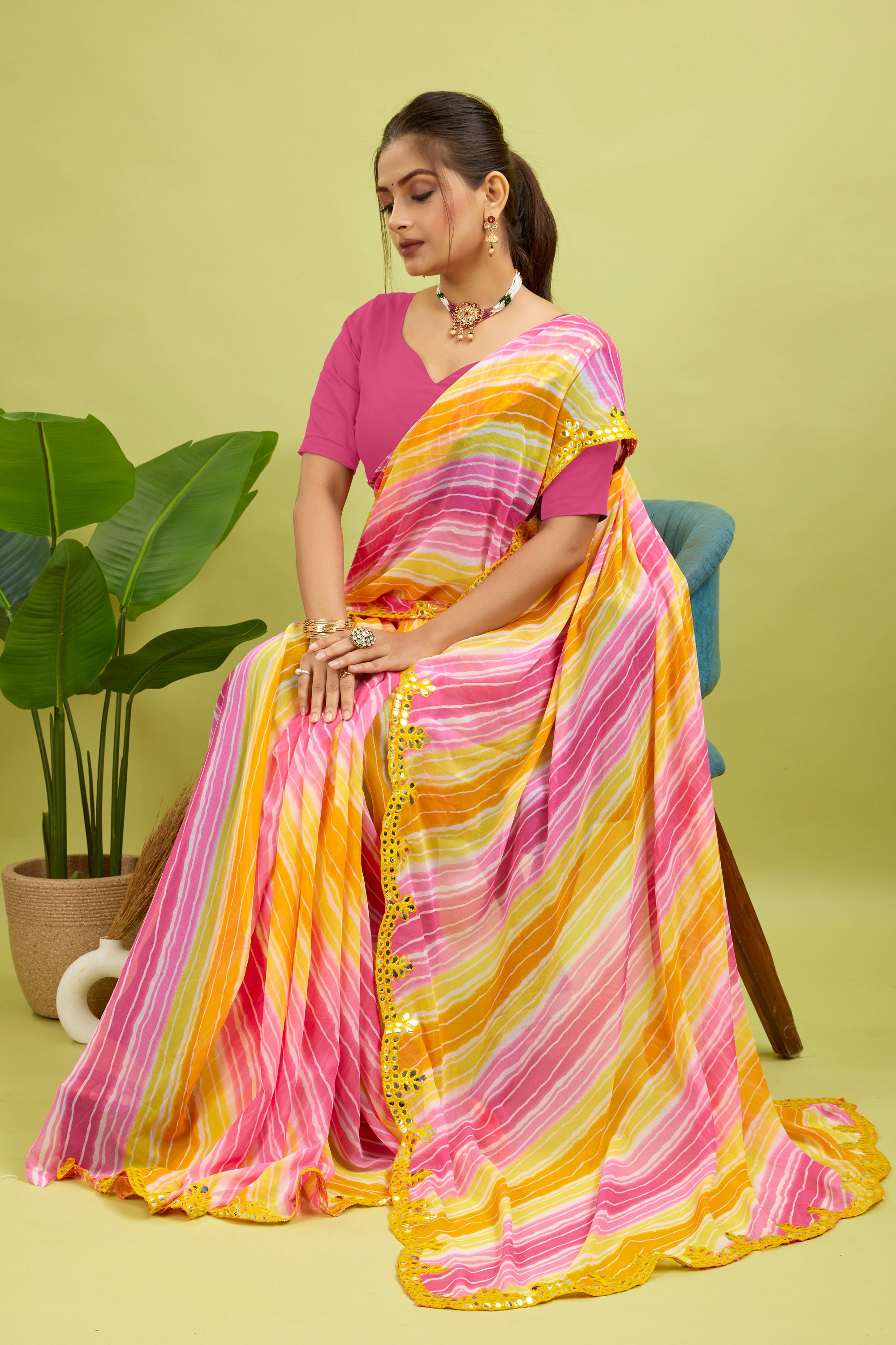 Yellow Foil Work Border Georgette saree