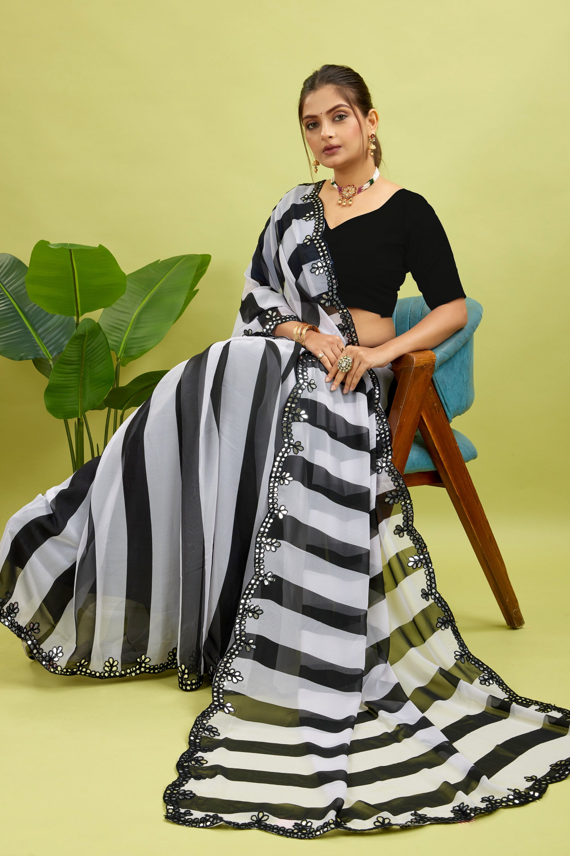 Black Foil Work Border Georgette saree