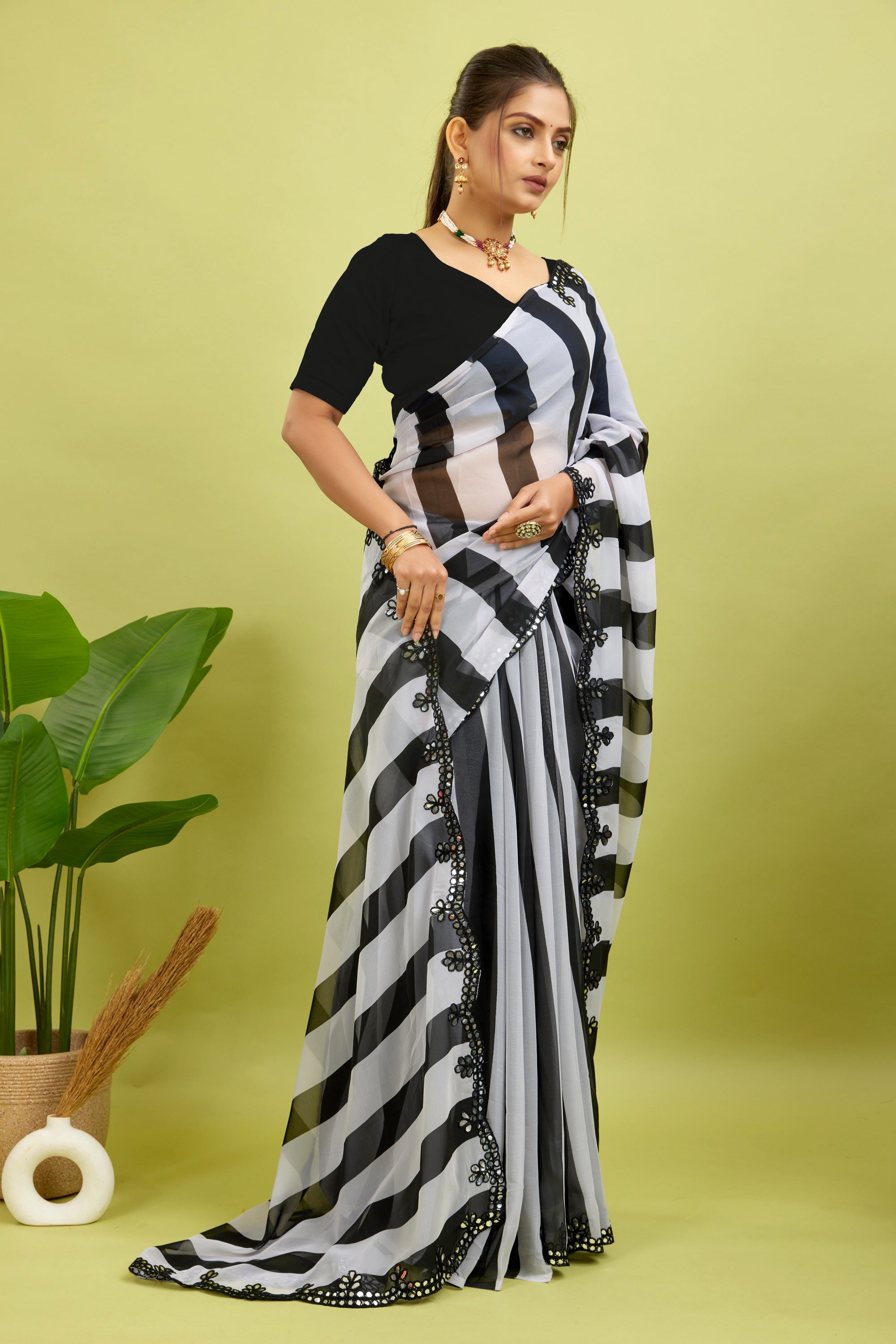 Black Foil Work Border Georgette saree