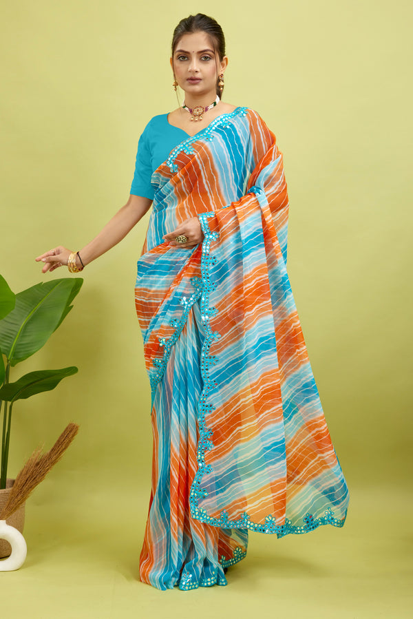 Orange Foil Work Border Georgette saree