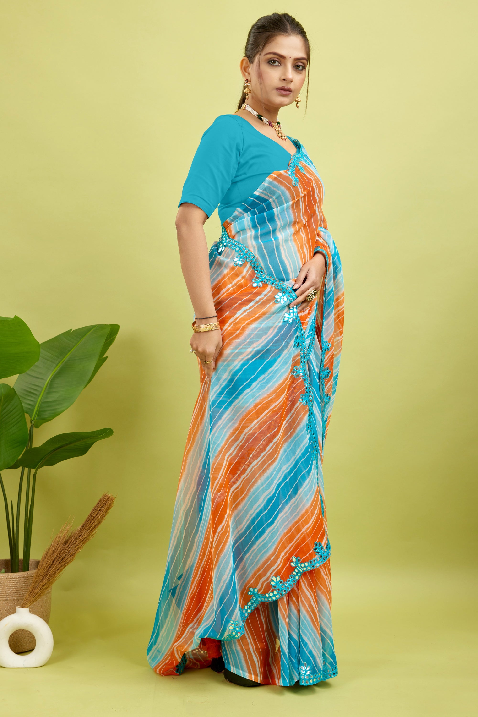Orange Foil Work Border Georgette saree