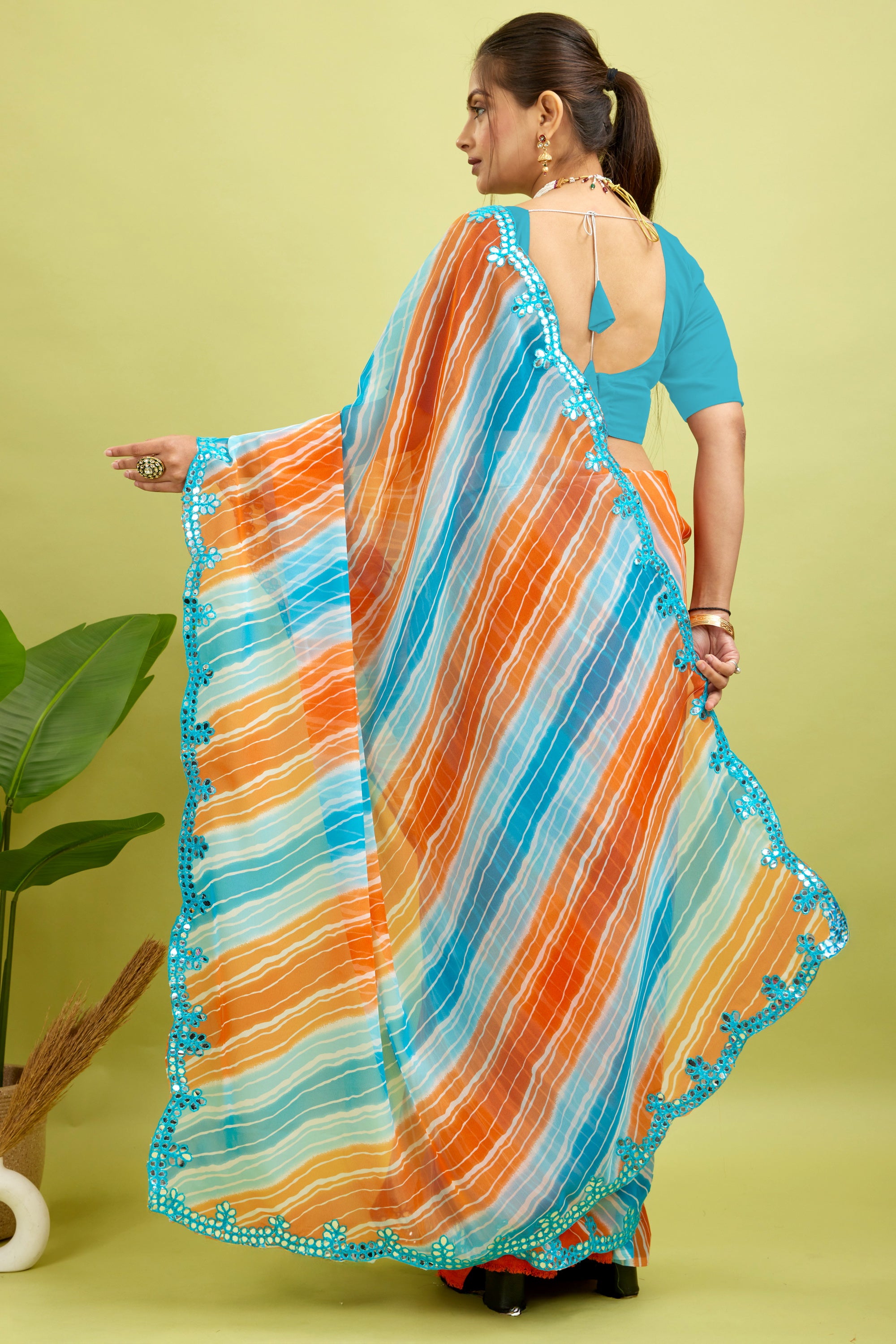 Orange Foil Work Border Georgette saree