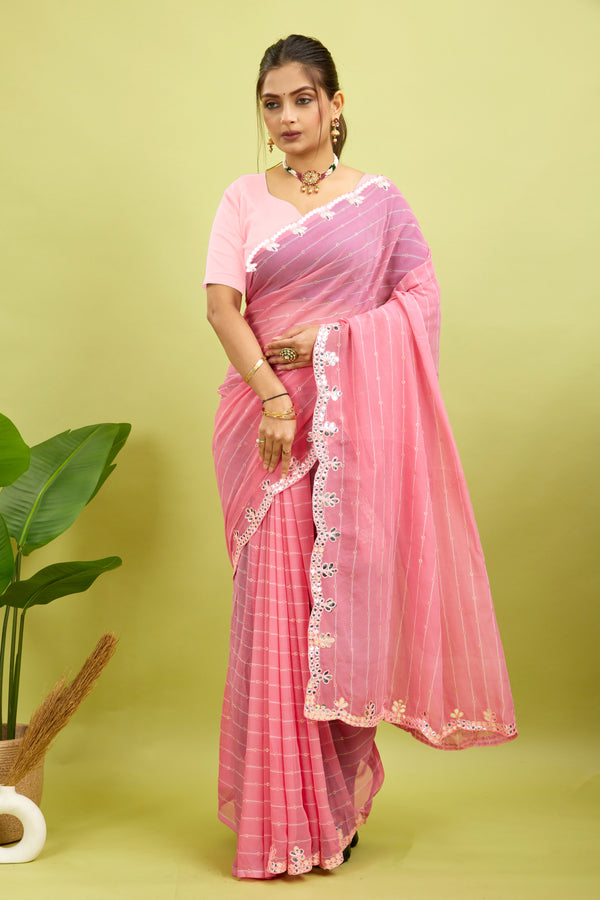 Pink Foil Work Border Georgette saree