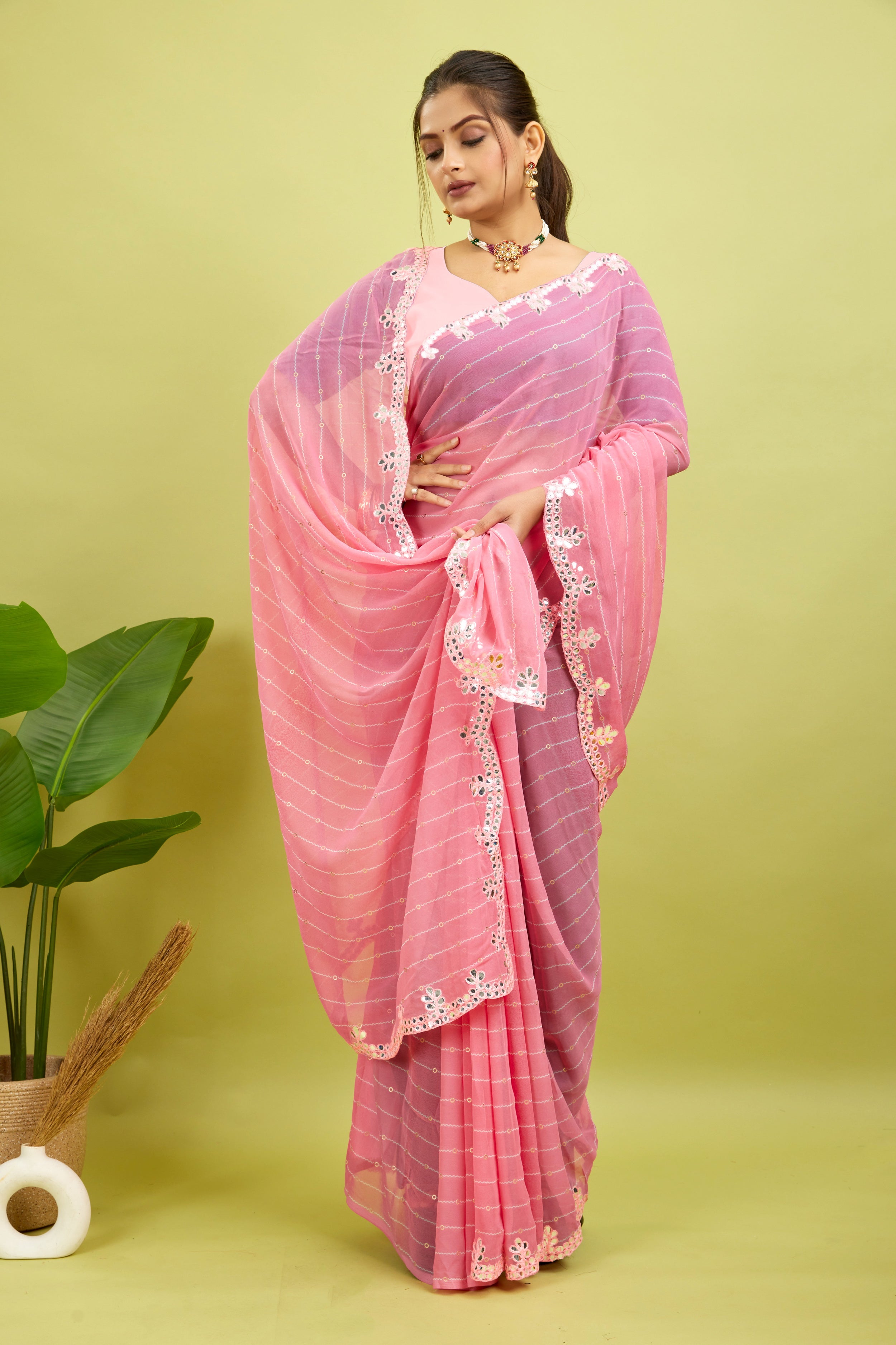 Pink Foil Work Border Georgette saree