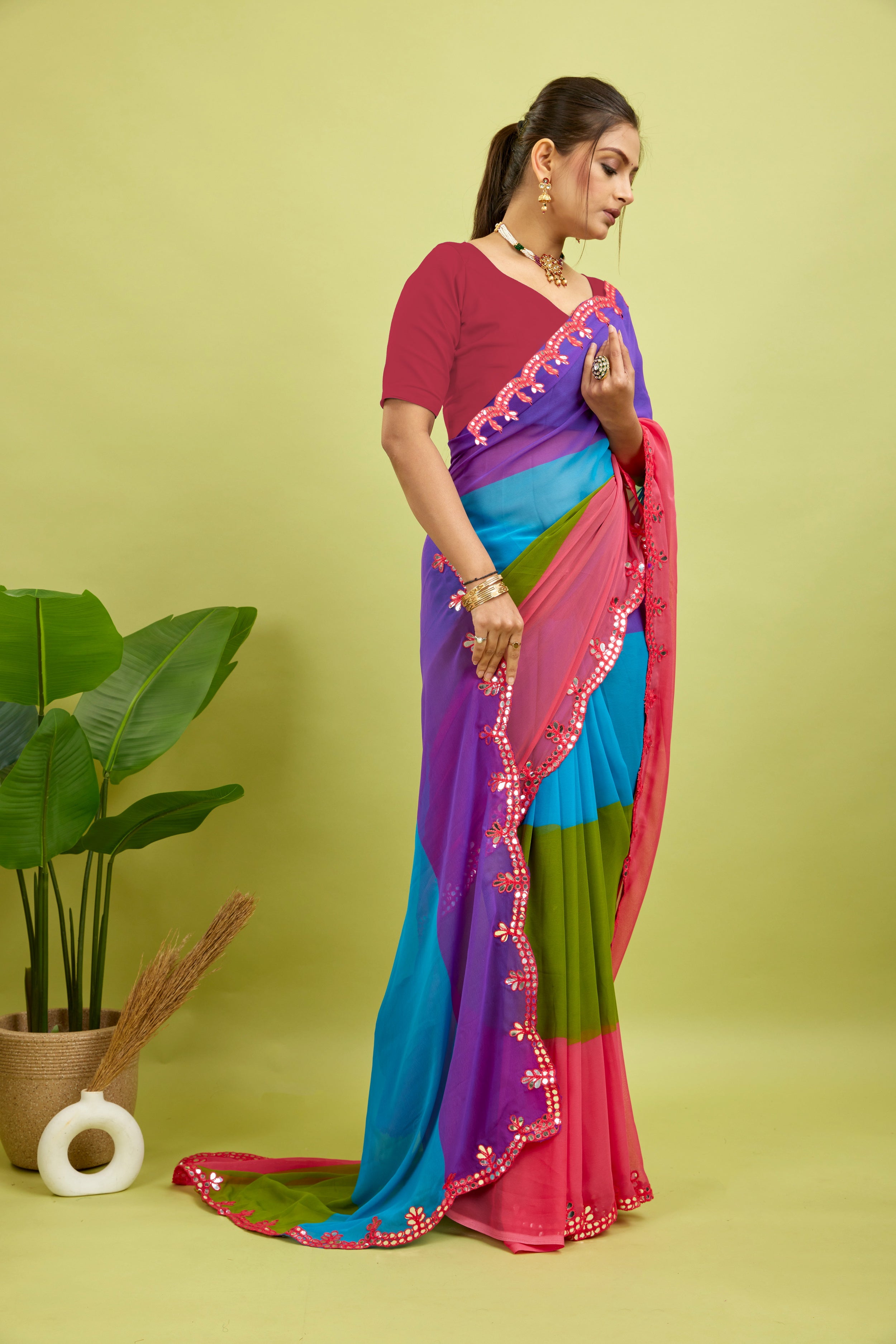 Rani Foil Work Border Georgette saree