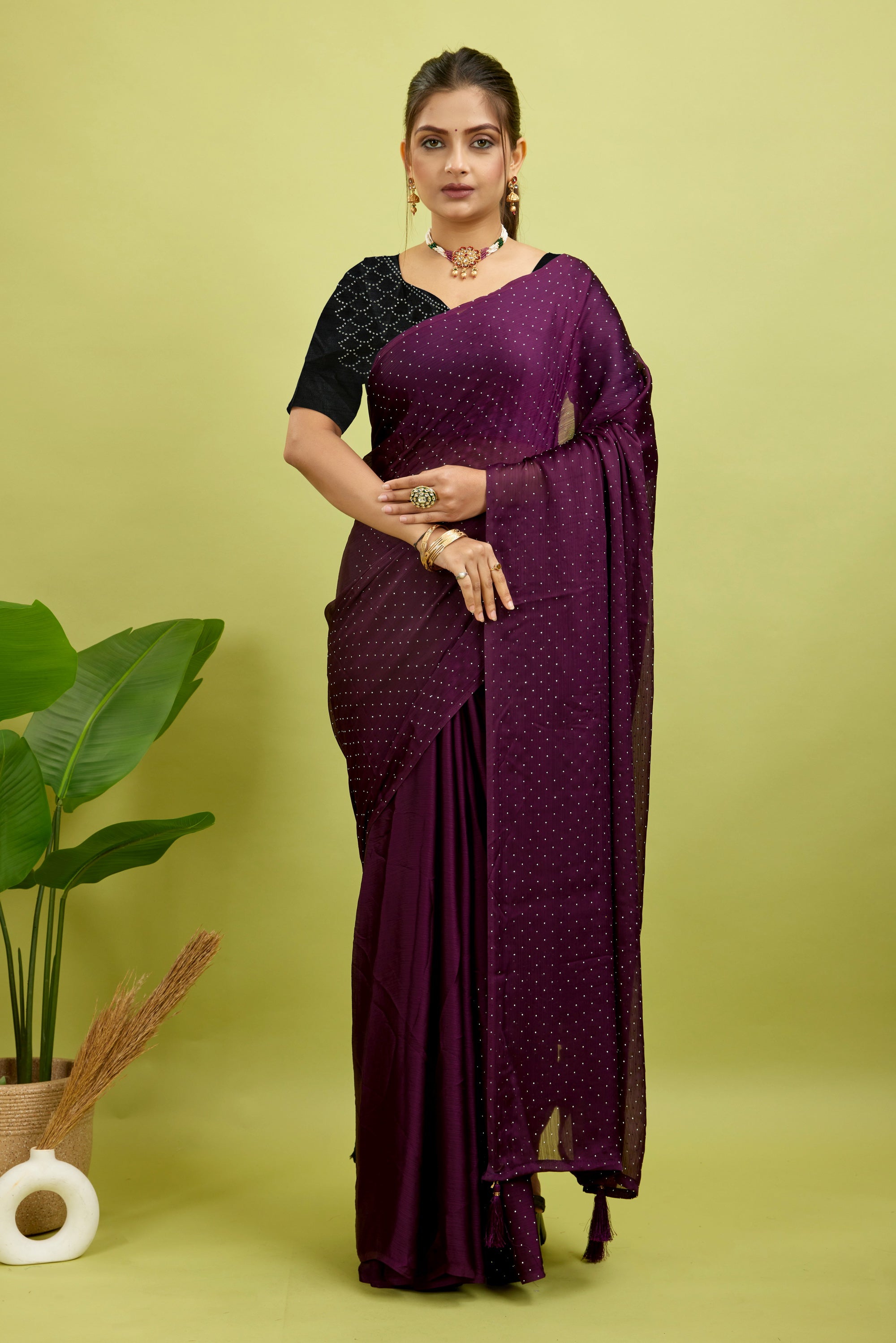 Purple Stone Work Satin Chiffon Saree