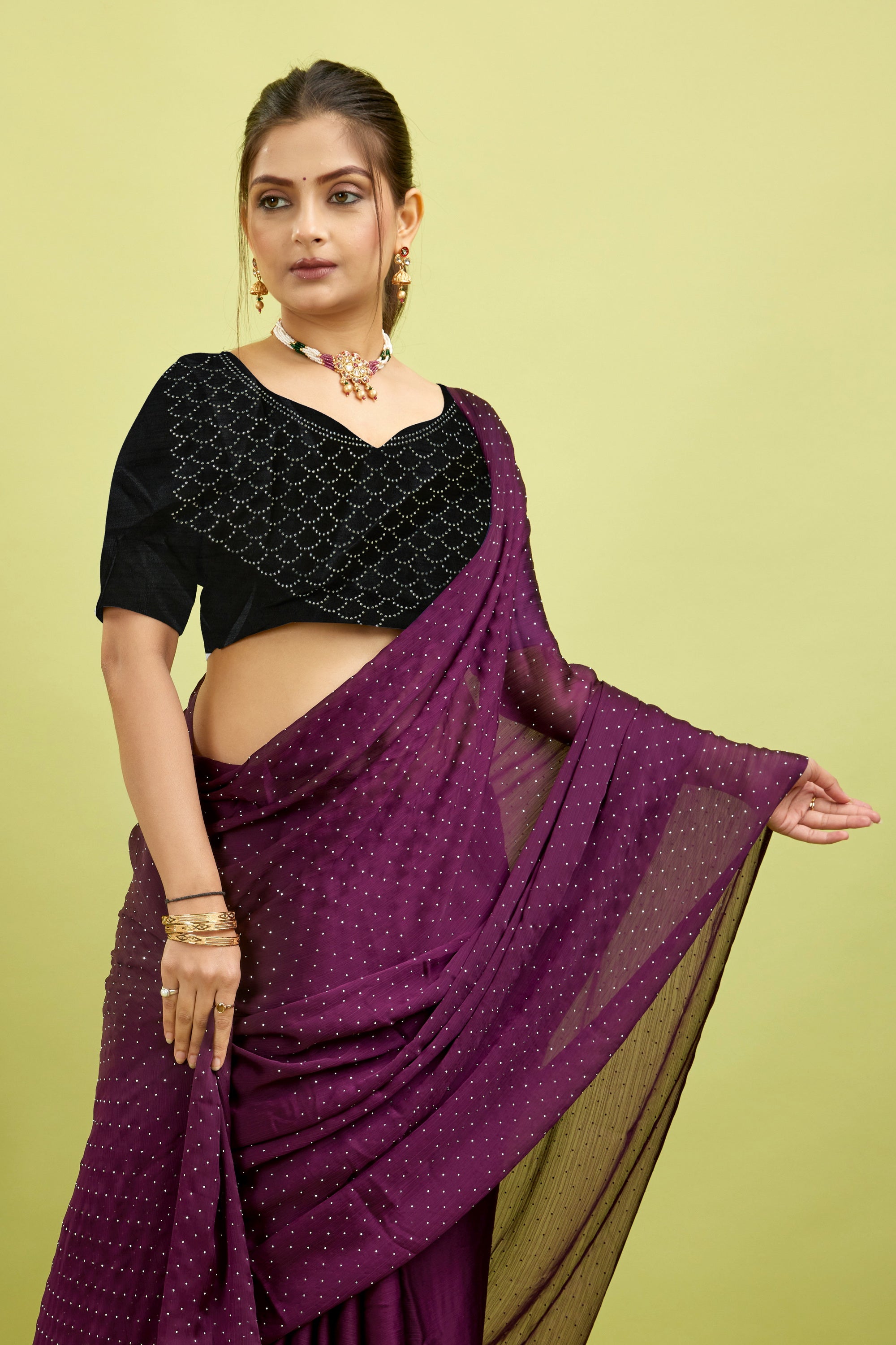 Purple Stone Work Satin Chiffon Saree