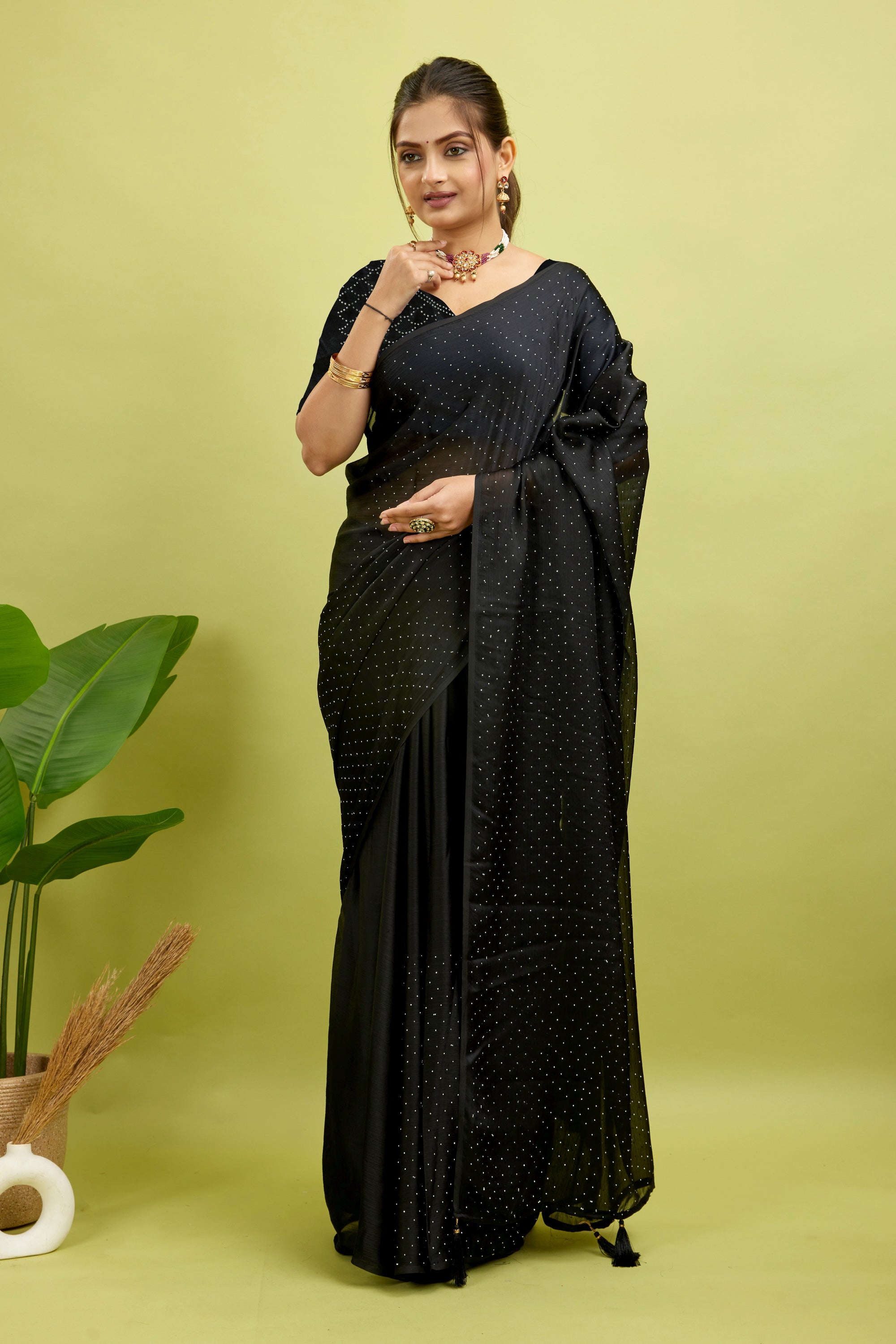 Black Stone Work Satin Chiffon Saree