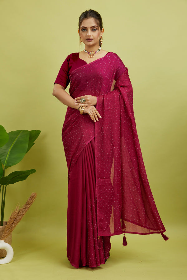 Red Stone Work Satin Chiffon Saree