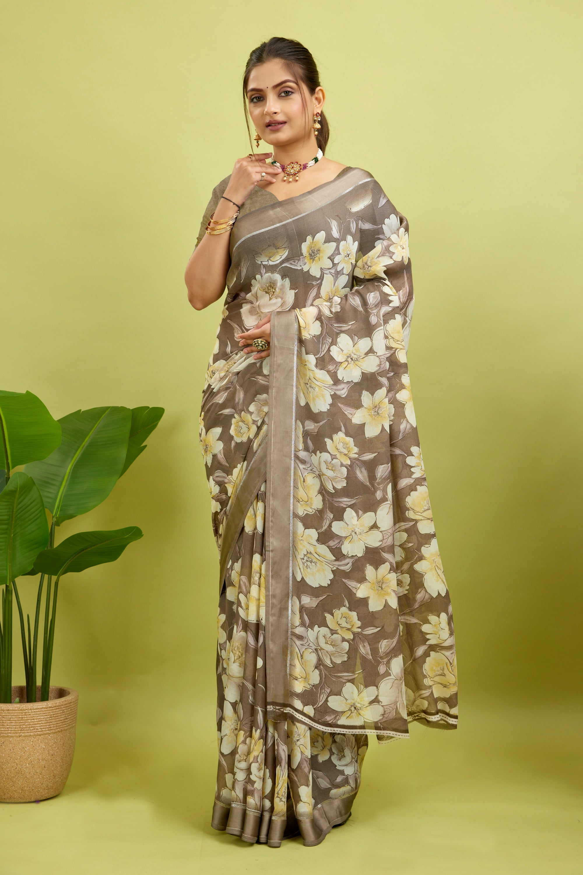 Green Floral Print Bright Moss Satin Border Saree