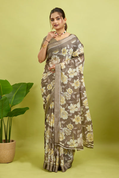 Green Floral Print Bright Moss Satin Border Saree