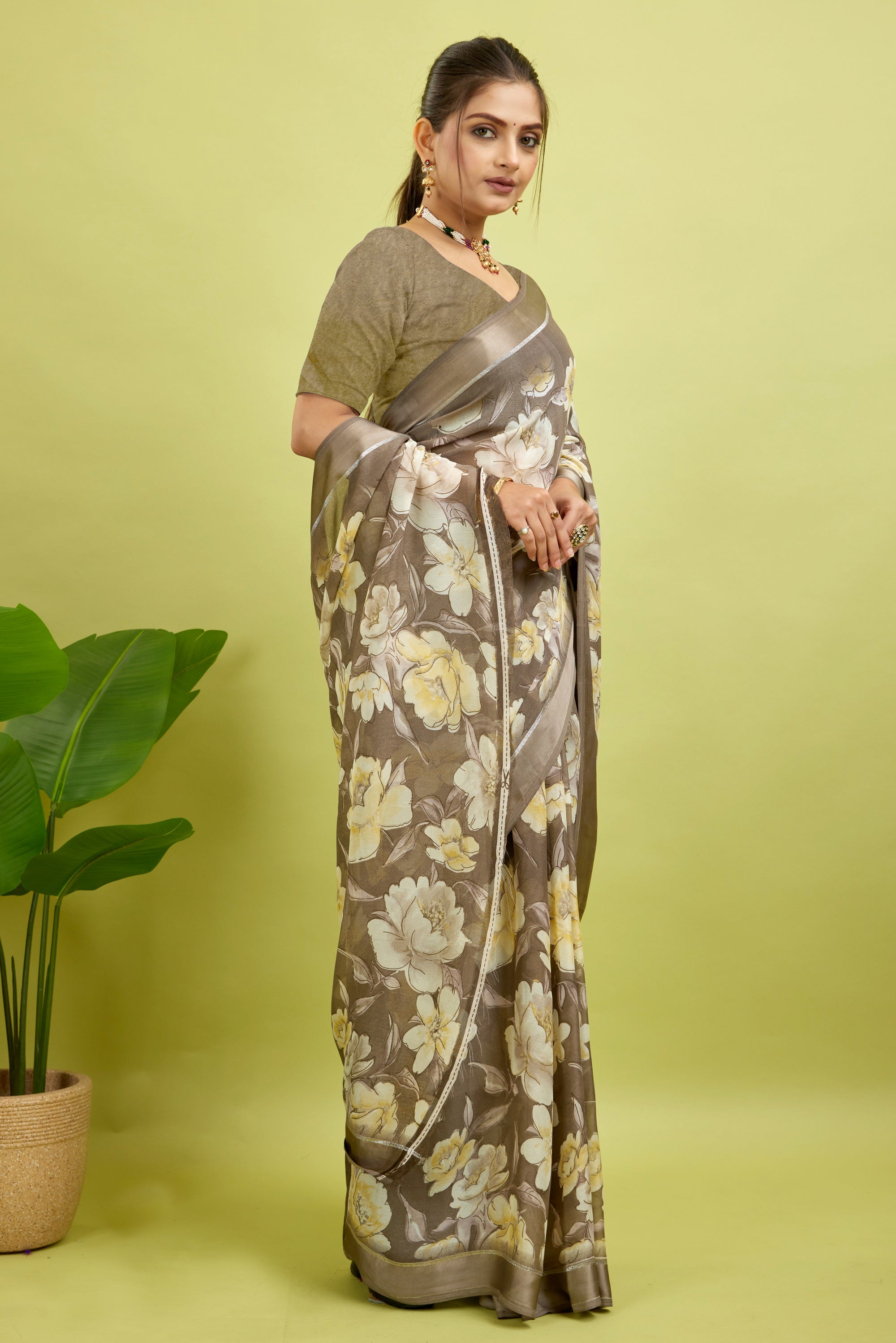 Green Floral Print Bright Moss Satin Border Saree