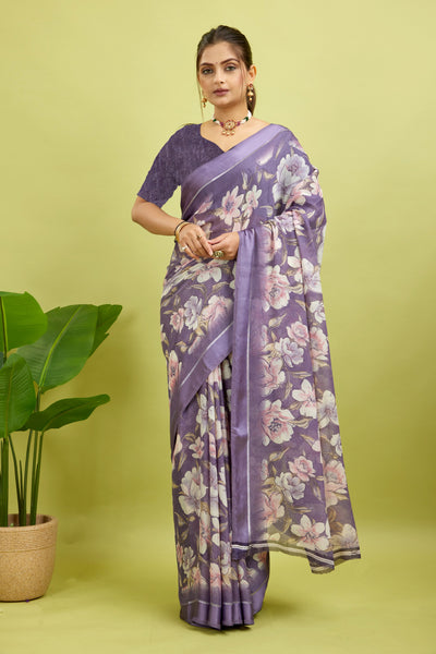 Purple Floral Print Bright Moss Satin Border Saree