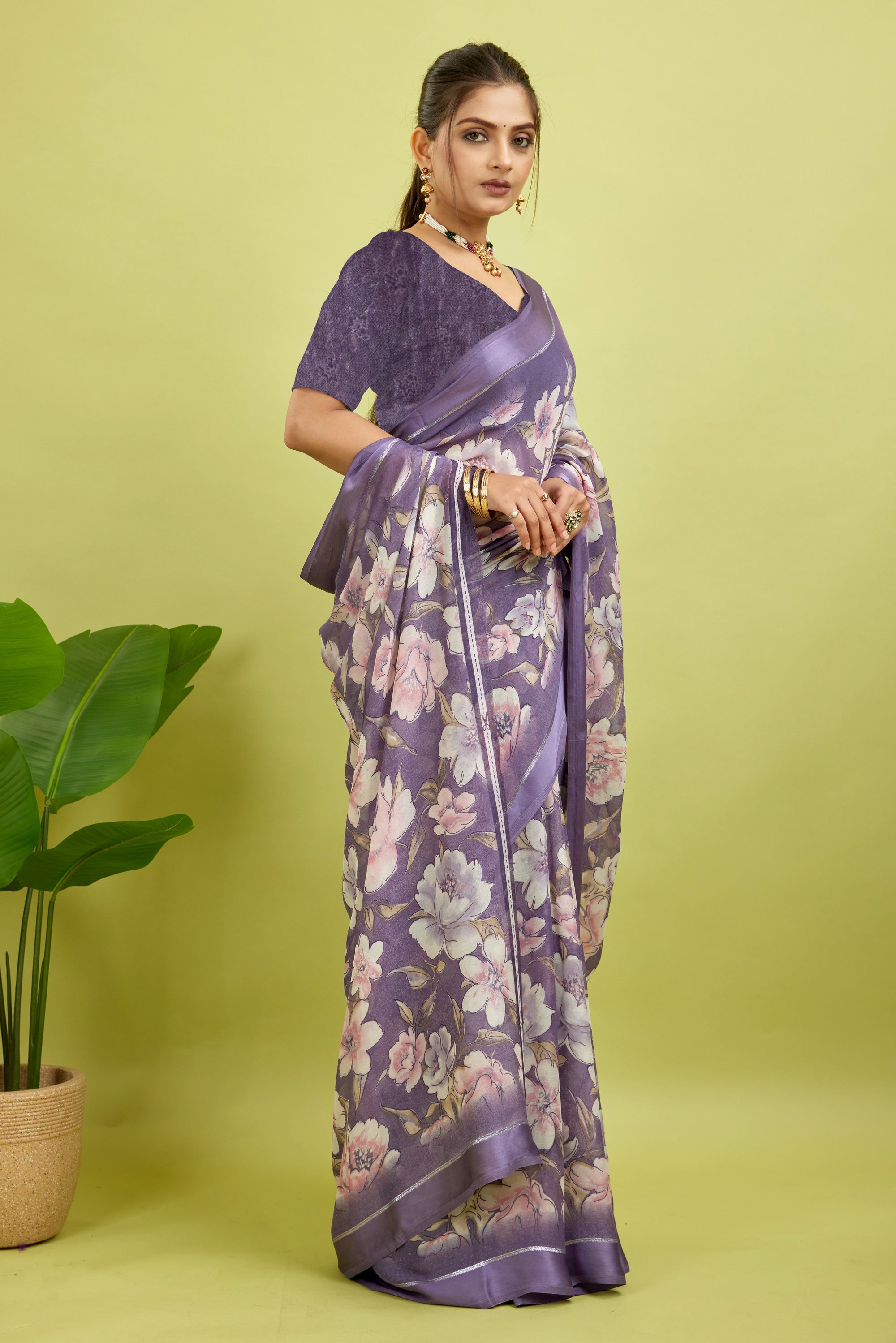 Purple Floral Print Bright Moss Satin Border Saree
