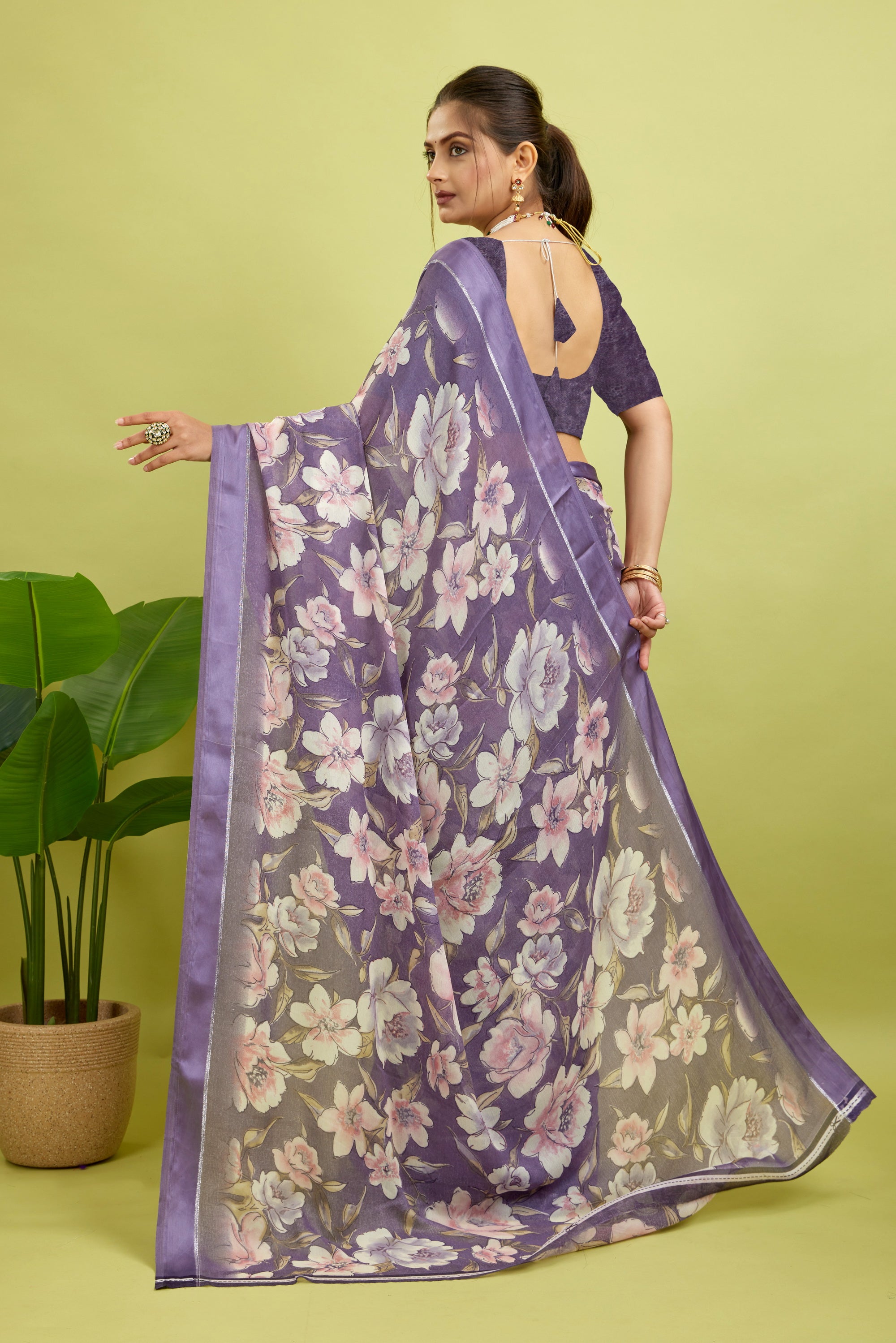 Purple Floral Print Bright Moss Satin Border Saree