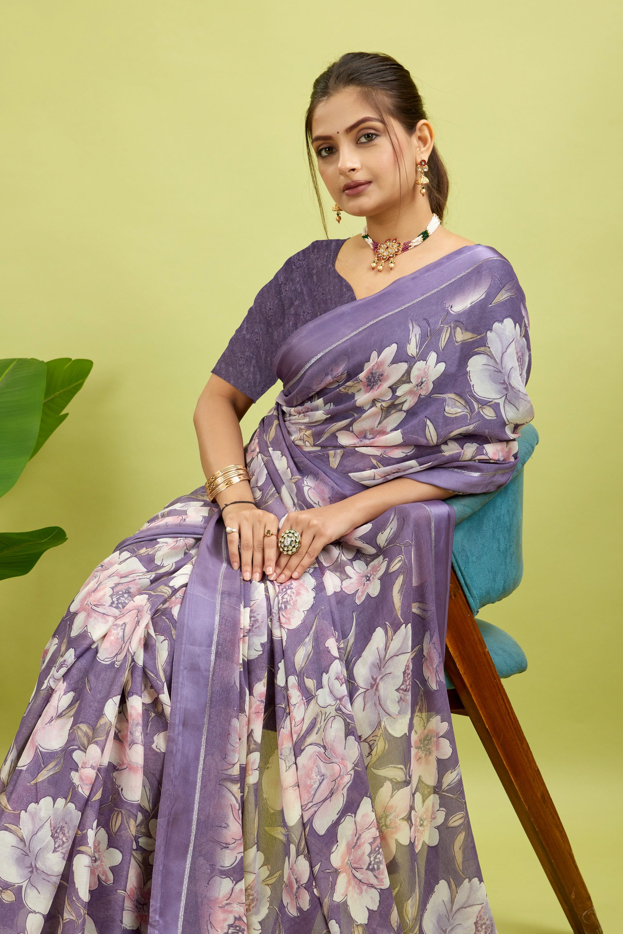 Purple Floral Print Bright Moss Satin Border Saree