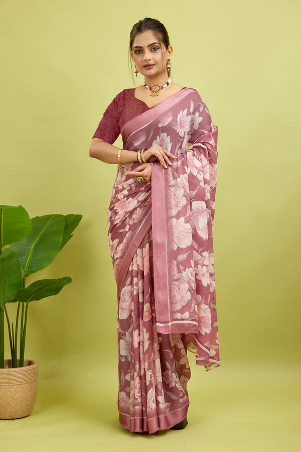 Dark Pink Floral Print Bright Moss Satin Border Saree