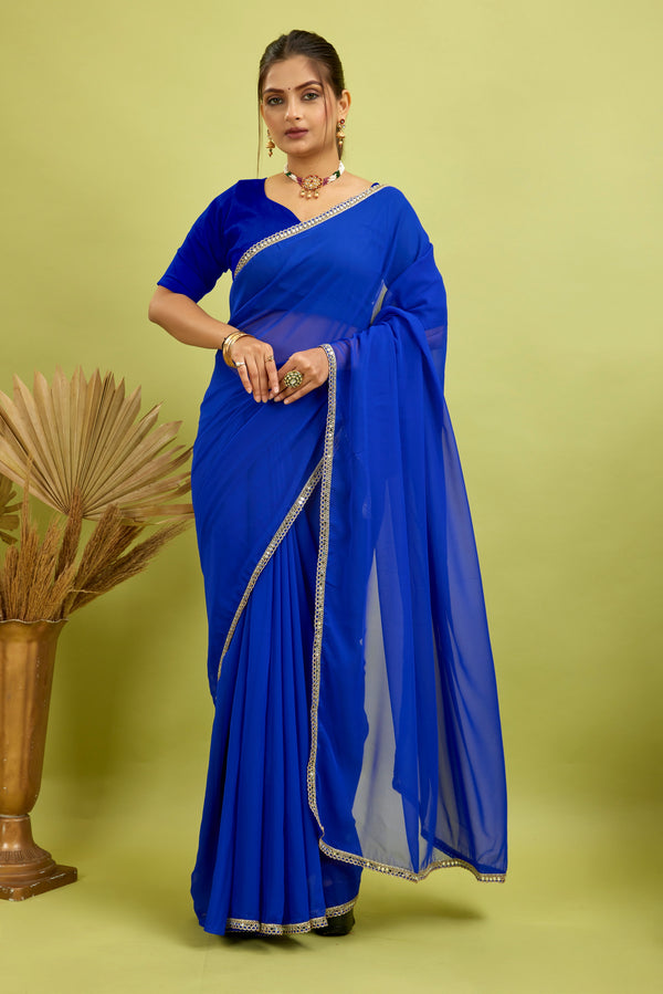 Royal Blue Mirror Lace Georgette Saree