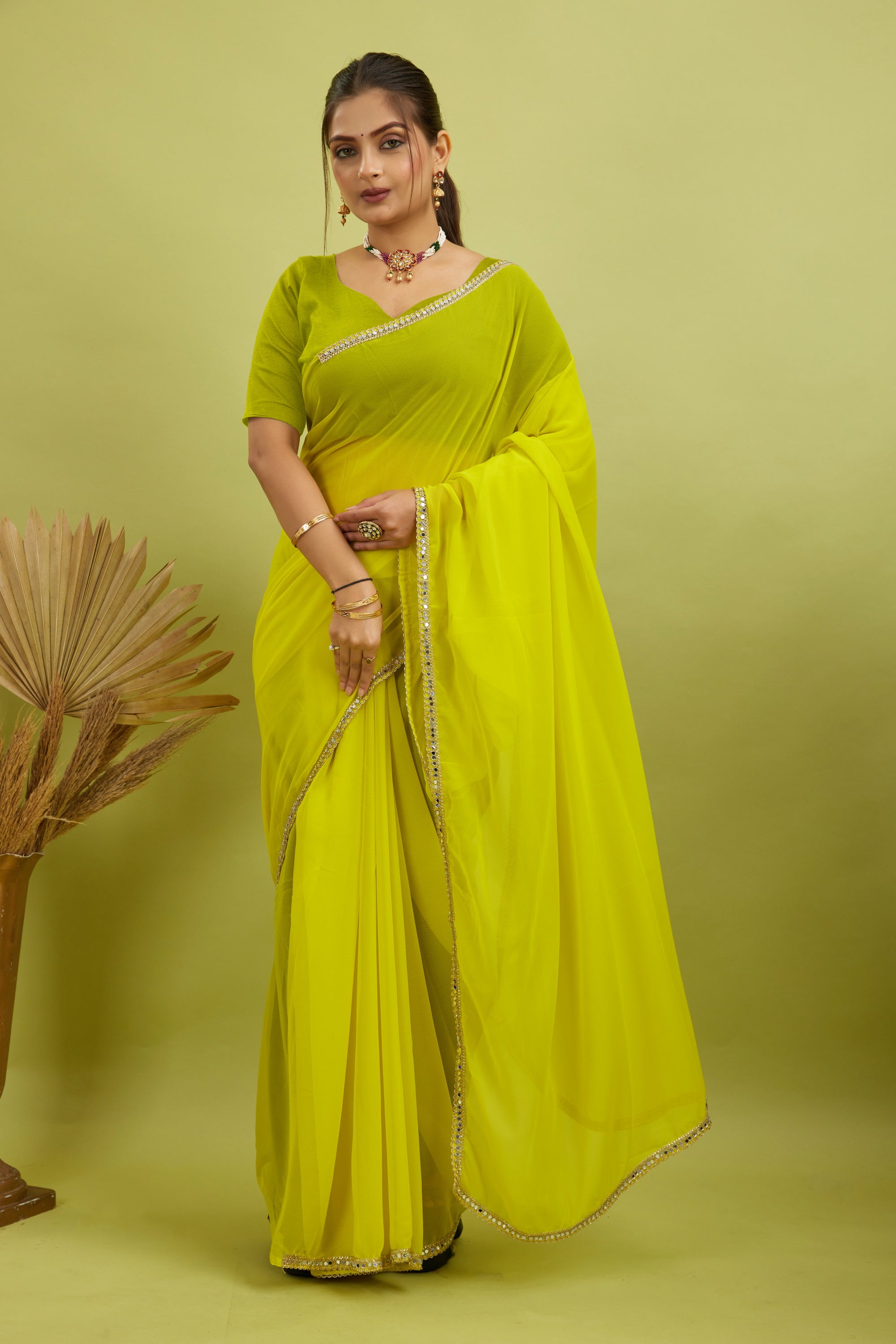 Yellow Mirror Lace Georgette Saree