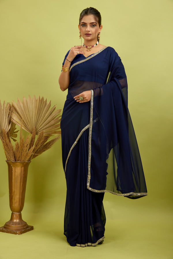 Navy Mirror Lace Georgette Saree