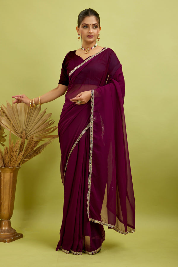 Purple Mirror Lace Georgette Saree