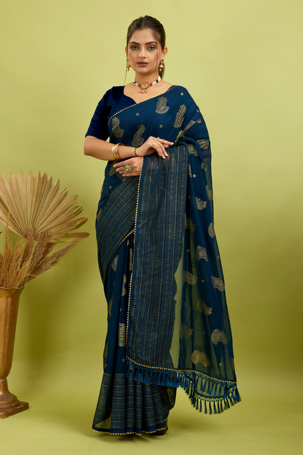 Navy Foil Printed Georgette Saree