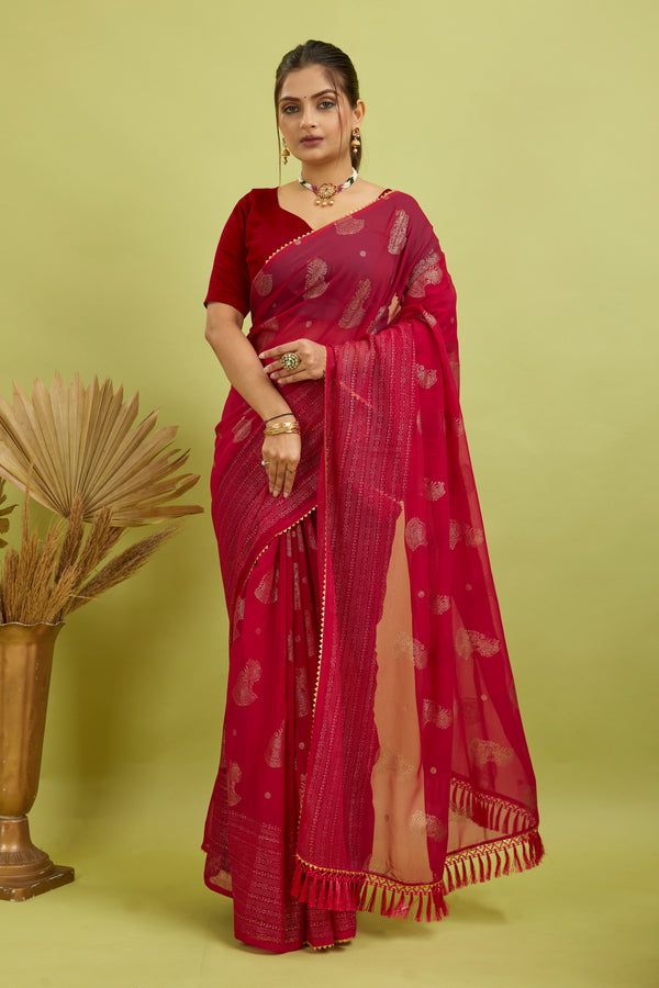 Red Foil Printed Georgette Saree