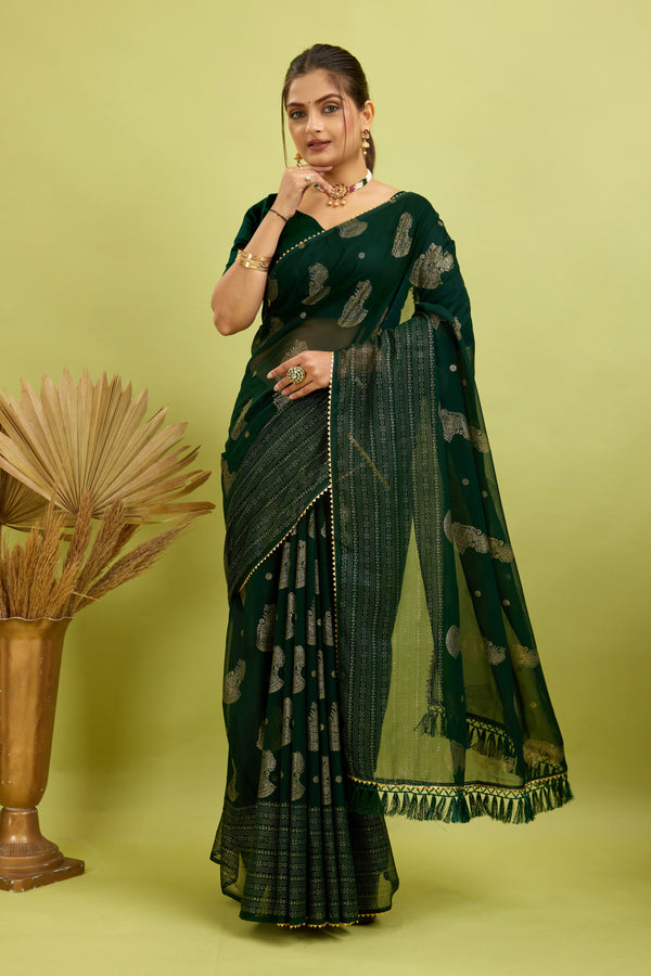 Green Foil Printed Georgette Saree