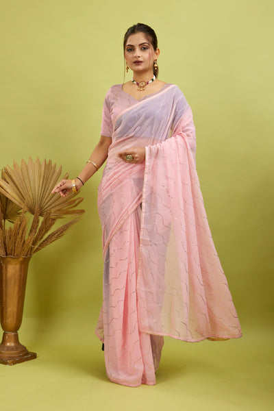 Pink Beaded Swarovski Georgette Fancy Saree