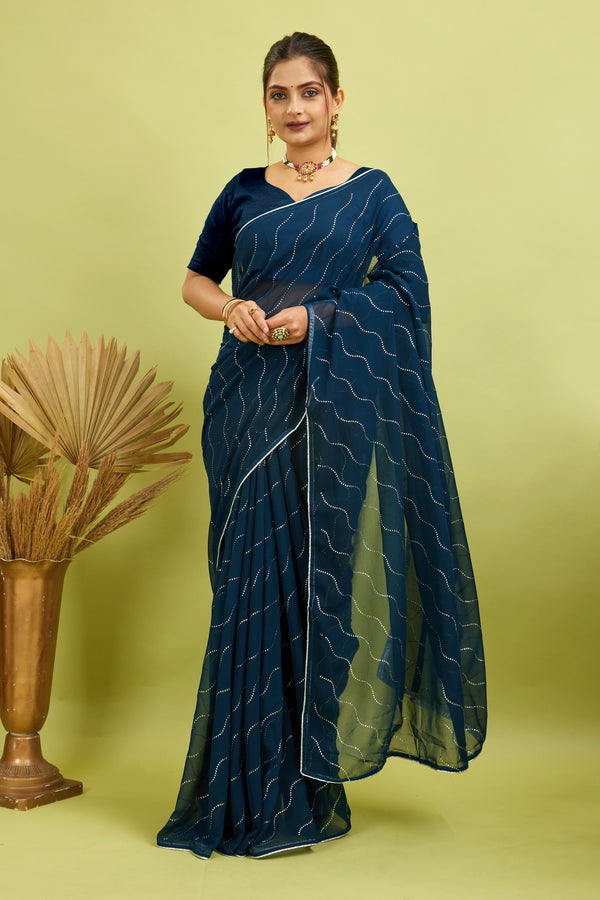 Blue Beaded Swarovski Georgette Fancy Saree