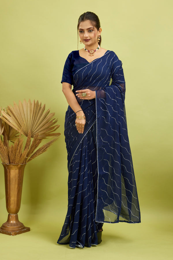 Navy Beaded Swarovski Georgette Fancy Saree