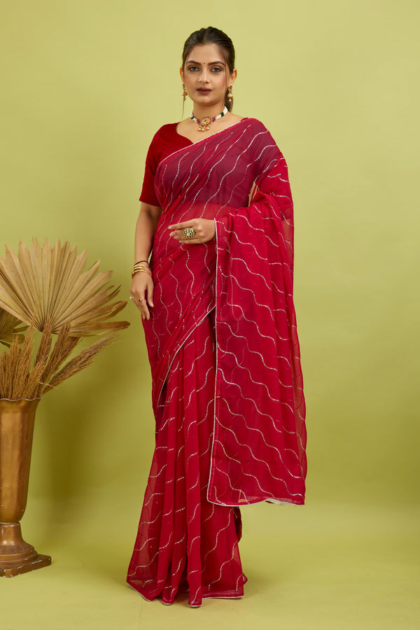 Red Beaded Swarovski Georgette Fancy Saree