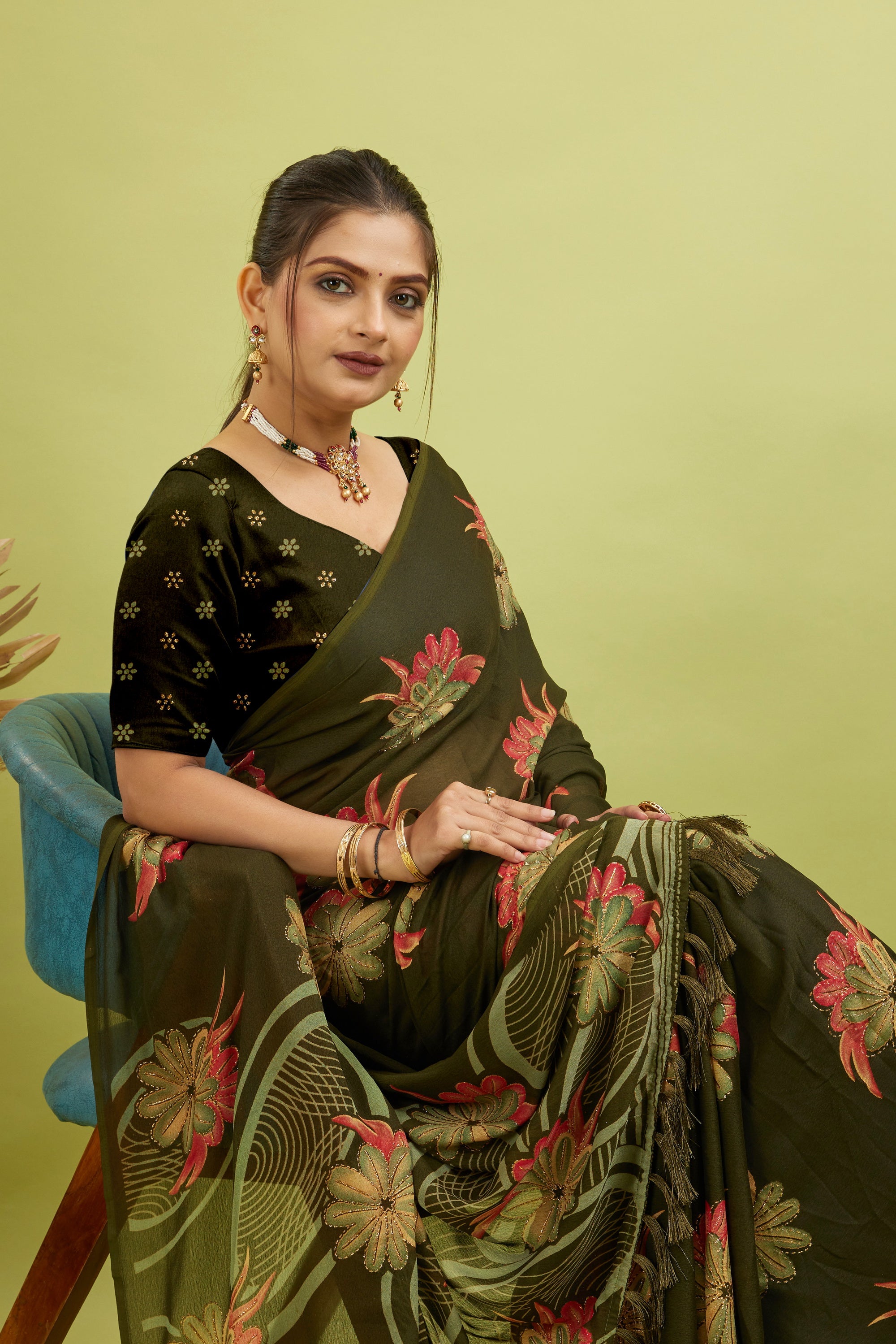 Mehndi Digital Printed Bright Moss Satin Border Saree