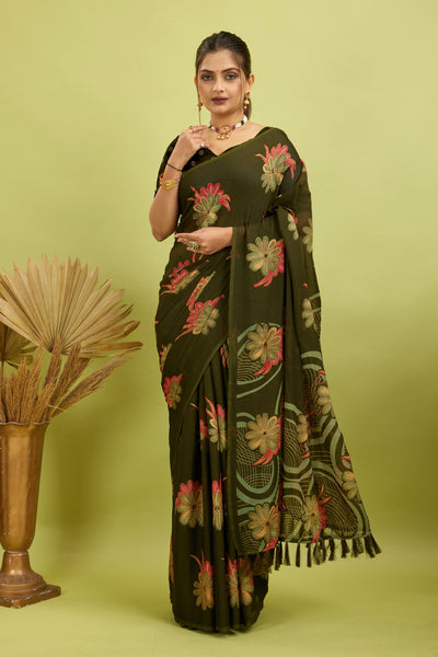 Mehndi Digital Printed Bright Moss Satin Border Saree