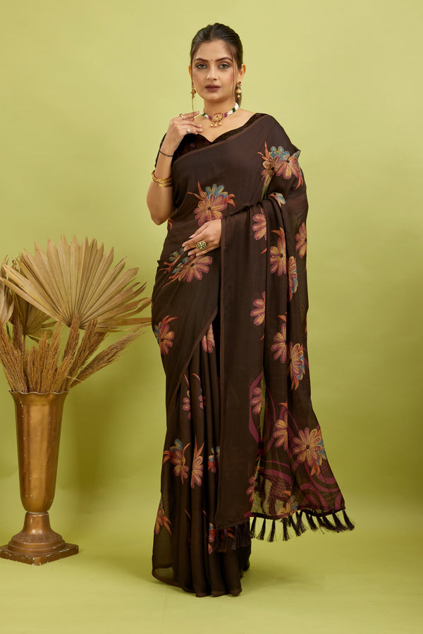 Wine Digital Printed Bright Moss Satin Border Saree