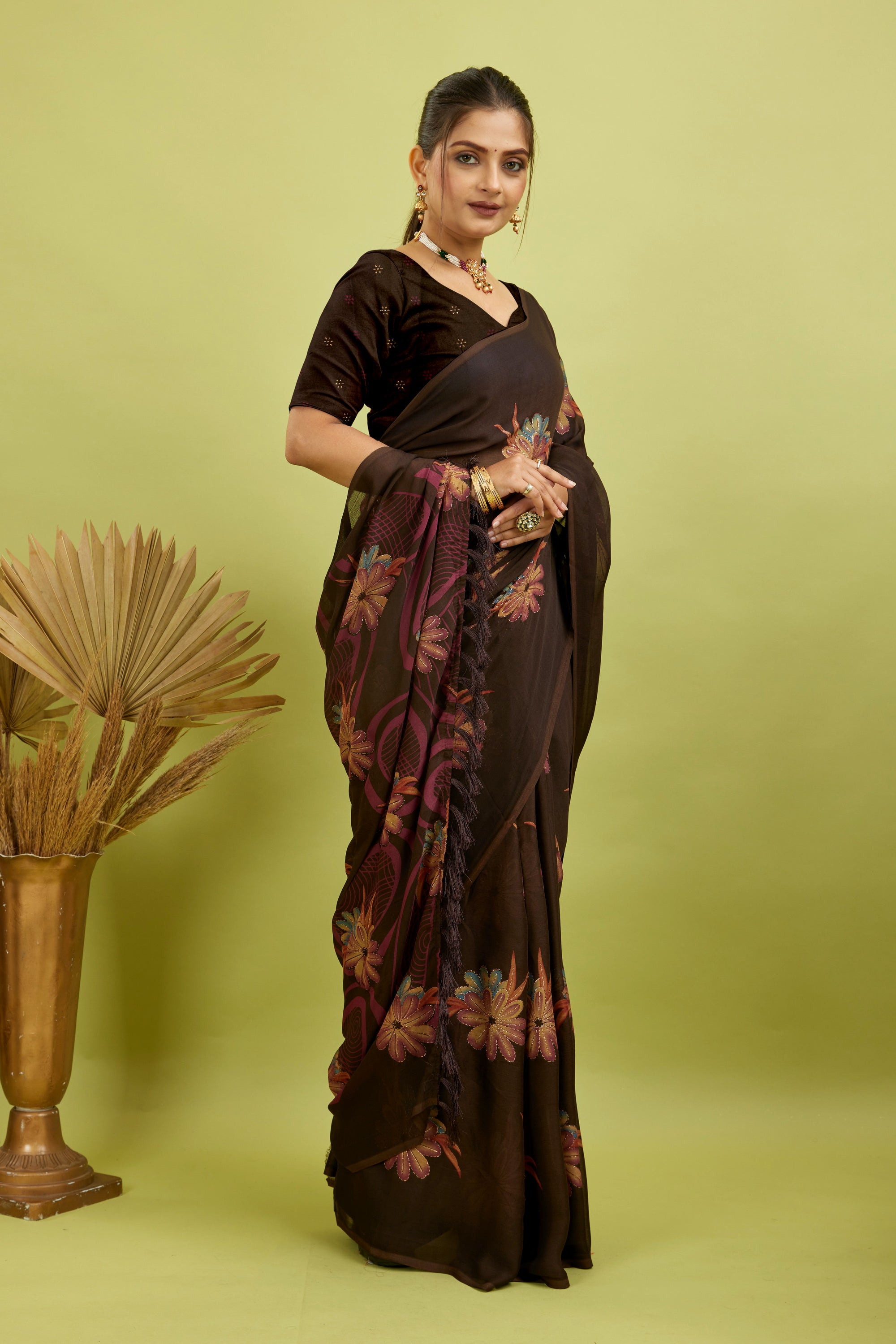 Wine Digital Printed Bright Moss Satin Border Saree