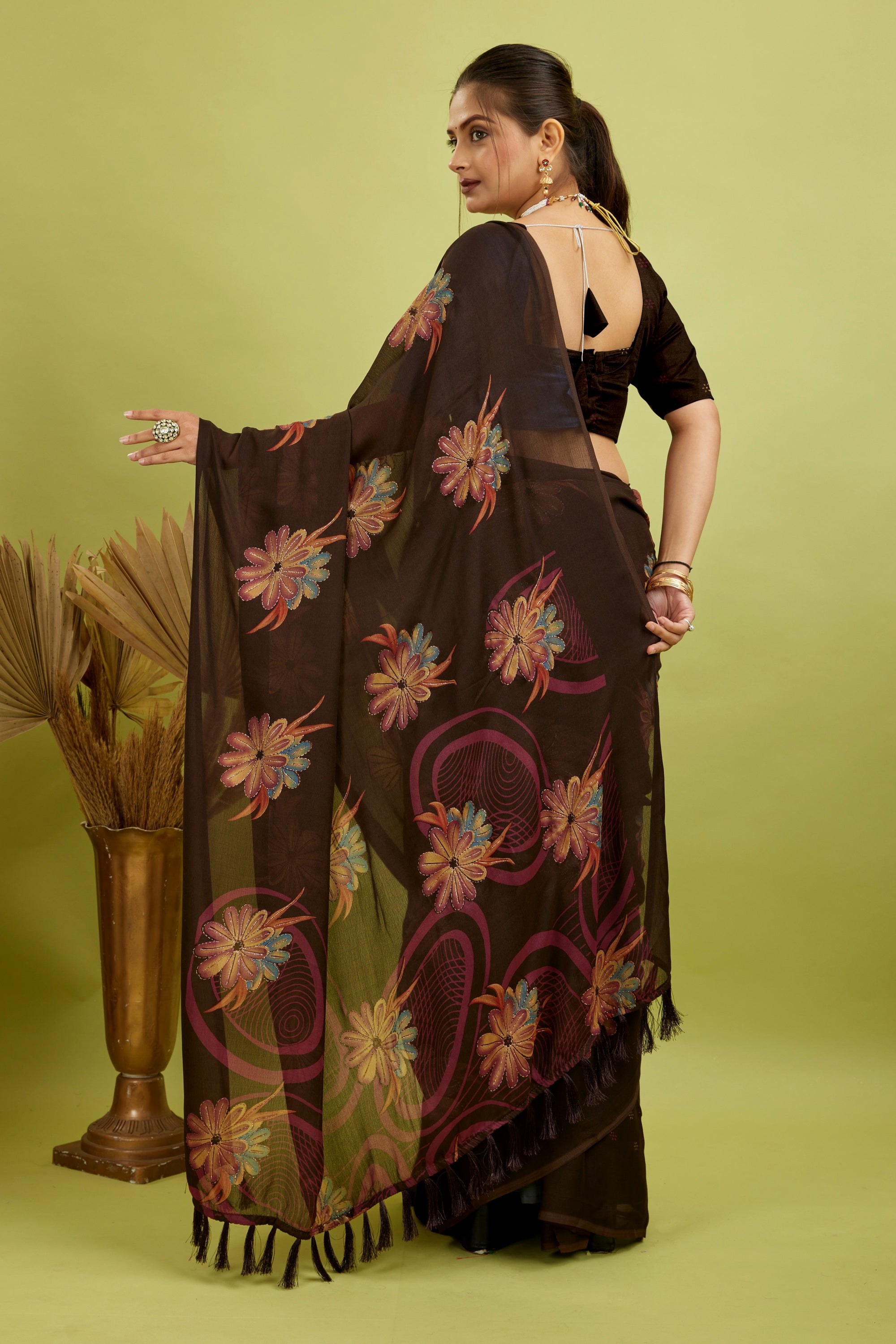 Wine Digital Printed Bright Moss Satin Border Saree